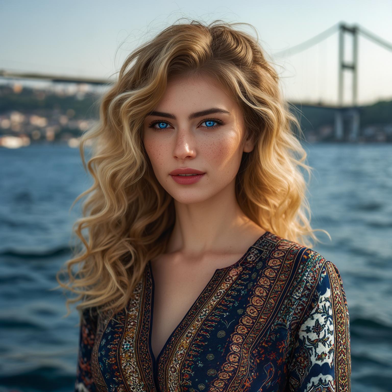 AI Image Generated by Luma Photon: A tall, elegant Turkish girl with wavy, golden blonde hair that flows down her shoulders, complemented by captivating blue eyes. She stands at 1.75 meters, carrying herself with confidence and grace. Her fair complexion is adorned with subtle freckles across her cheeks, adding a touch of charm to her soft yet striking features. She wears a modern, stylish outfit that reflects her vibrant personality, blending traditional Turkish elements with contemporary fashion. Her smile is warm and inviting, and her presence radiates both strength and kindness. The background is the serene Bosphorus, capturing the essence of her cultural roots and modern lifestyle.
