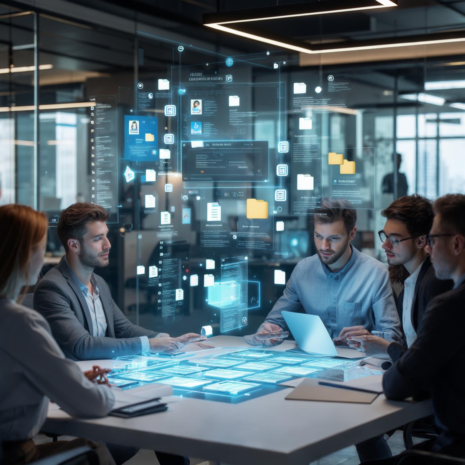AI Image Generated by Luma Photon: photo about resources sharing for marketing staff at company, can be guidelines, SOP, file sharing, video instruction file sharing. some 3d futuristic picture

