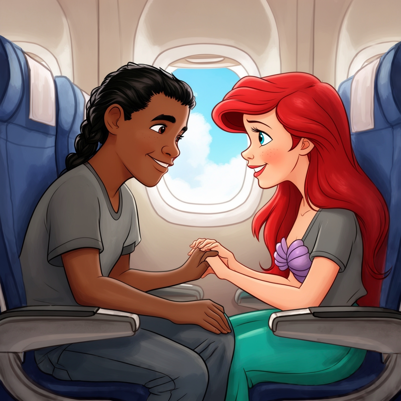 AI Image Generated by Luma Photon: Deux Lesbiennes Nani pelekai Lili and stitch en t-shirt gris et ariel en t-shirt gris et partir en vacances prendre l'avion pour la mère entre amoureuses assis tout Les deux a côté se donner la mains dans l'avion drawing Disney