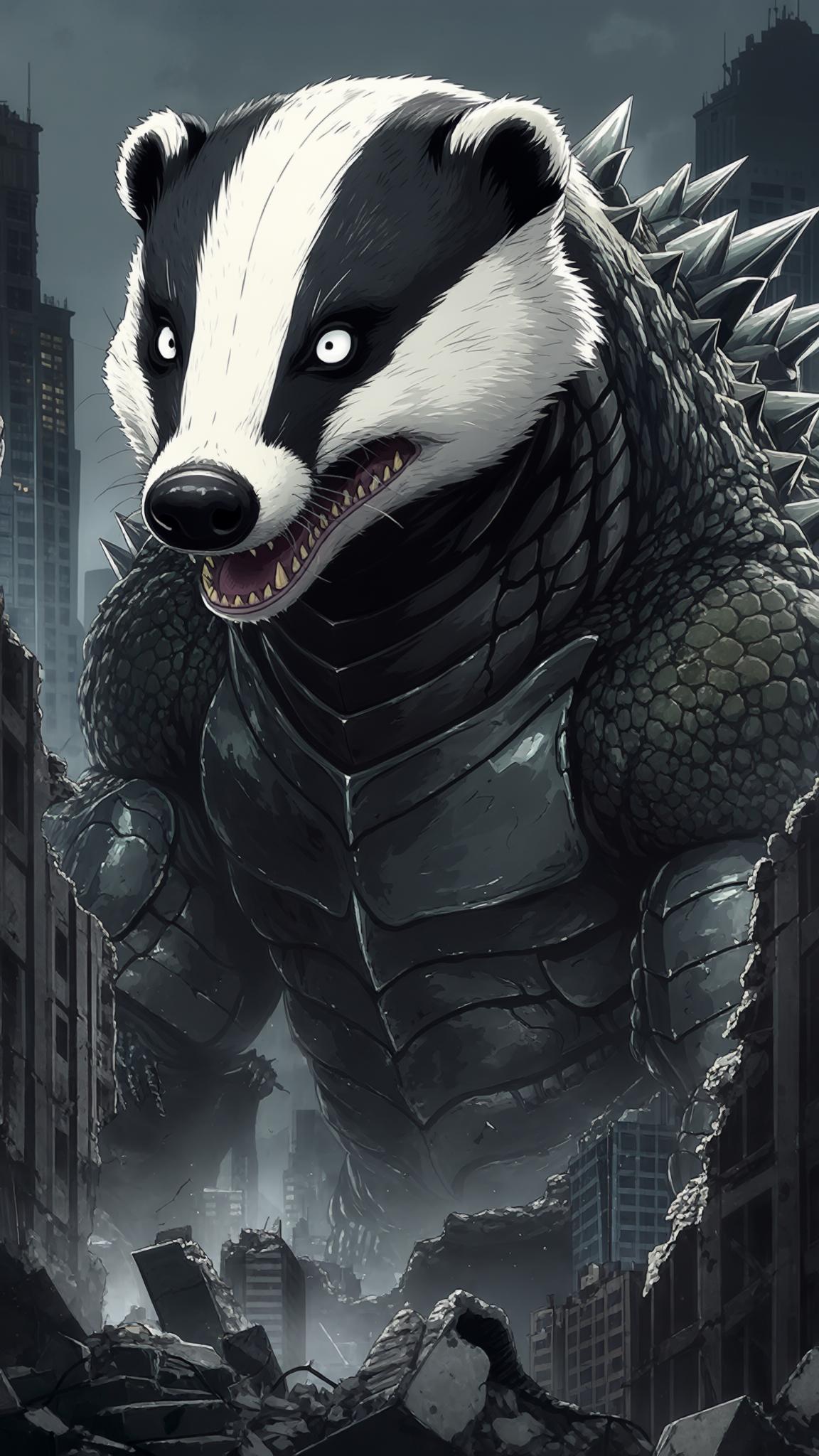 AI Image Generated by Luma Photon: A creature with the head of a round, grey forest animal with large white eyes and small ears, and the body of a towering reptilian monster covered in armored scales and metallic spikes. The creature stands in a ruined city, roaring in rage. Cinematic lighting, 9:16 anime-style.