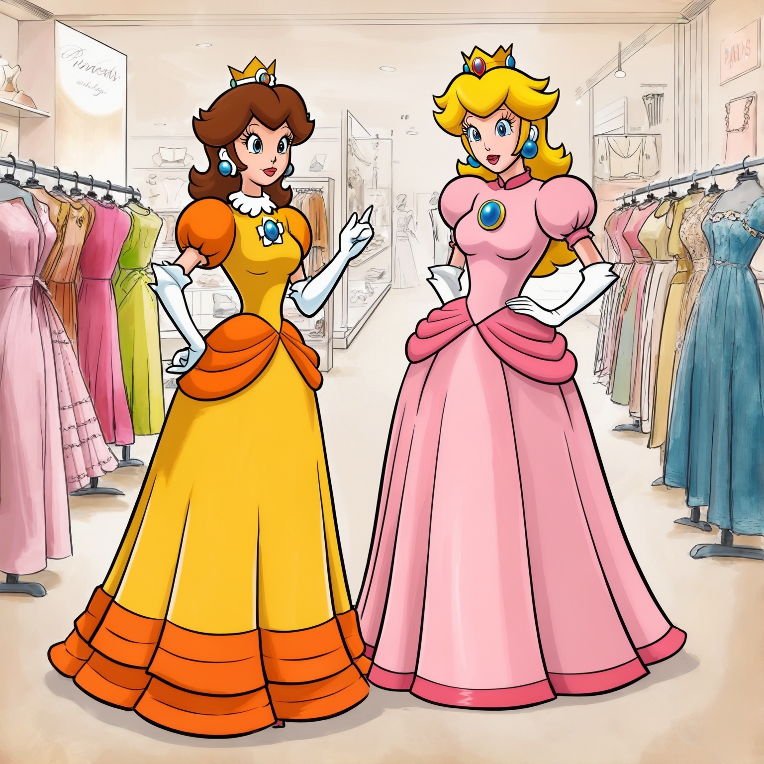 AI Image Generated by Luma Photon: Two lesbians princess jasmine dressed in princess Daisy and princess snow white dressed in princess Peach Nintendo and shopping clothe drawing Disney 1937s 