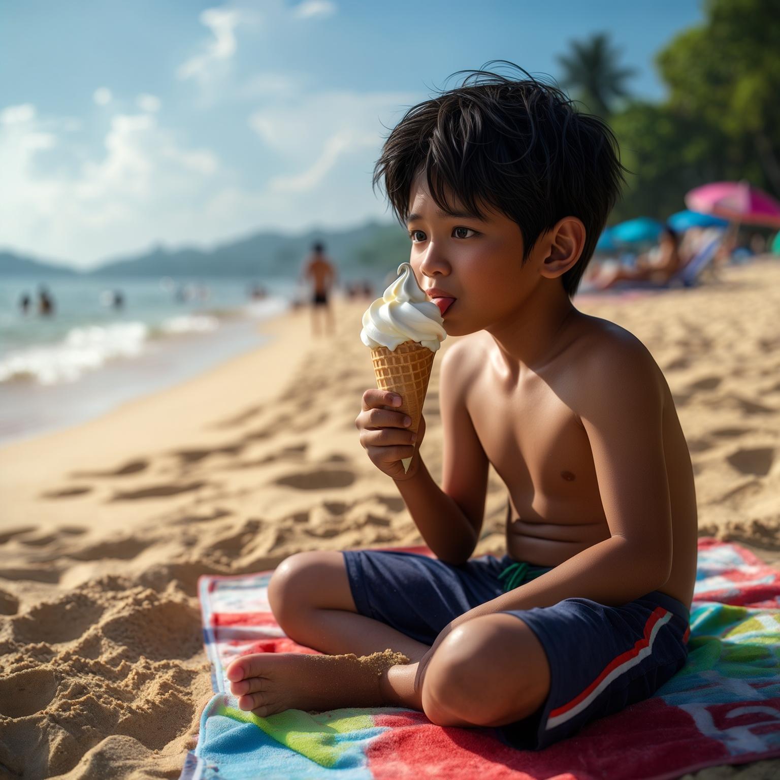 AI Image Generated by Luma Photon: photo realistic image of a malay boy eat ice cream at a beach realism