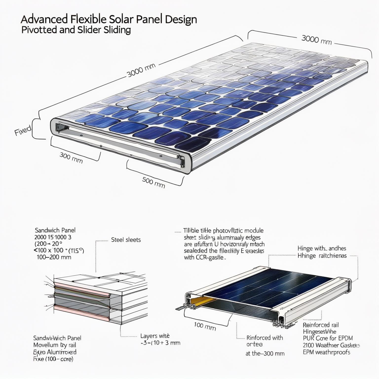 AI Image Generated by Luma Photon: # Diseño Extensible/Pivotante para Panel Solar Flexible - Versión Avanzada

Este documento amplía el boceto conceptual, añadiendo **más detalles** para lograr una implementación real y permitir que cualquier inteligencia (artificial o no) recree el diseño con exactitud y proponga mejoras.

---
## 1. Objetivo General

Diseñar un **panel sándwich** con una **sección móvil** que incorpore un **módulo solar flexible** orientable. La sección móvil podrá inclinarse ±15–20° (p. ej. Sur-Este / Sur-Oeste) o deslizarse unos 100–200 mm para exponer distintas áreas, maximizando la captación solar.

---
## 2. Medidas y Parámetros Claros

1. **Dimensiones del panel sándwich:**
   - Largo total: **3000 mm** (3 m)
   - Ancho total: **1000 mm** (1 m)
   - Espesor total: **50 mm** (núcleo 49 mm PUR + 0,5 mm chapa interior + 0,5 mm chapa exterior)
   
2. **Zona fija / Zona móvil:**
   - Dividir en dos secciones de **500 mm** de ancho cada una (A: fija, B: móvil)
   - Largo de cada sección: 3 m

3. **Módulo FV Flexible:**
   - Dimensiones: 2000 × 1000 × ~3 mm (espesor)
   - Potencia nominal: ~330 W
   - Peso aproximado: 5–6 kg
   - Alojado en la sección móvil (B)

4. **Ángulo de inclinación:**
   - Base: 0° (plano continuo)
   - Máx. 15–20° a cada lado (pivota alrededor de un eje longitudinal)

5. **Desplazamiento lineal (opcional):**
   - 100–200 mm horizontal si se instalan rieles en lugar de bisagras
   - Bloqueo en posición para evitar desplazamientos inesperados

---
## 3. Capas y Materiales

### 3.1. Panel Sándwich
- **Chapa interior (0,5 mm)**: acero galvanizado, acabado RAL 9002 (opcional)
- **Núcleo aislante (49 mm)**: PUR o PIR, densidad ~40 kg/m³
- **Chapa exterior (0,5 mm)**: acero galvanizado, acabado RAL 7016 (opcional)

### 3.2. Sección Móvil (Zona B)
- **Chapa exterior + aislante + chapa interior**, cortada a 500 mm de ancho
- **Refuerzos** en cantos: Perfil U 40 × 40 × 3 mm, en aluminio/ acero, para rigidez
- **Bisagras** o **Rieles** laterales para permitir rotación/desplazamiento
- **Panel FV flexible** (encapsulado polimérico, 2–3 mm), adherido con cinta acrílica/ adhesivo PU

### 3.3. Sistema de Sellado y Estanqueidad
- **Juntas de EPDM**: sección ~10 × 10 mm, colocadas en la unión entre sección A (fija) y B (móvil)
- **Topes o cierres**: garantizan que la sección móvil quede bien ajustada en posición cerrada, impidiendo filtraciones

---
## 4. Despiece Detallado y Ejemplo de BOM

1. **Sección A (Fija) - Panel Sándwich**
   - Cantidad: 1
   - Dimensiones: 3000 × 500 × 50 mm
   - Material: Chapa int/ext (acero 0,5 mm) + PUR 49 mm

2. **Sección B (Móvil) - Panel Sándwich**
   - Cantidad: 1
   - Dimensiones: 3000 × 500 × 50 mm
   - Material: Chapa int/ext (acero 0,5 mm) + PUR 49 mm

3. **Perfil U / Marco Borde Móvil**
   - Cantidad: 2 (laterales del panel B)
   - Dimensiones: 40 × 40 × 3 mm, longitud ~3 m
   - Material: Aluminio 6063-T5 o Acero Inox AISI 304

4. **Bisagra (alternativa A)**
   - 1 Eje continuo o 2–3 secciones unidas
   - Eje Ø 10 mm, rodamientos en nylon, tornillería M6
   - A lo largo del borde longitudinal común A–B

5. **Riel con Rodamientos (alternativa B)**
   - Cantidad: 2 (1 por cada lateral)
   - Dimensiones: riel de 3 m
   - Capacidad de carga: > 15–20 kg

6. **Panel FV Flexible**
   - Cantidad: 1
   - 2000 × 1000 × 3 mm, ~330 W, ~6 kg
   - Encapsulado polimérico, células monocristalinas

7. **Adhesivo Polimérico / Cinta Acrílica**
   - Espesor ~1 mm
   - Capaz de resistir UV, agua, diferencias térmicas

8. **Junta EPDM**
   - Sección 10 × 10 mm, ~6 m lineales
   - Resistencia a intemperie y ozono

9. **Tornillería Autotaladrante**
   - p. ej. 5,5 × 25 mm en acero inoxidable
   - Para fijar rieles, bisagras y marcos

---
## 5. Instrucciones de Montaje y Fabricación

1. **Corte**
   - Cortar el panel sándwich (3000 × 1000) en dos partes de 500 mm de ancho cada una (A y B).
   - Revisar la planitud y el canto expuesto, sellar si se ve espuma.

2. **Refuerzo de Canto (Zona B)**
   - Fijar con tornillos y adhesivo un perfil en U (40×40×3 mm) a cada canto vertical del panel B.
   - Verificar escuadra y alineación.

3. **Instalación de Bisagras / Rieles**
   - Determinar si se opta por un sistema pivotante (bisagra) o deslizante (riel).
   - Si bisagra: Ubicar el eje a lo largo del lado longitudinal de B que contacta con A.
     - Asegurar la resistencia al viento: una bisagra continua o varias en serie.
   - Si riel: Fijar el riel al panel A, y rodamiento/guía en el canto de B.

4. **Montaje de Juntas / Sellos**
   - Colocar junta EPDM en la línea de unión A–B.
   - Garantizar que al cerrar, B asiente bien sobre A y no quede luz.

5. **Colocación del Panel FV Flexible**
   - Sobre la chapa exterior de B (ya reforzada), limpiar y desengrasar.
   - Aplicar adhesivo/cinta acrílica (1 mm de espesor).
   - Alinear el FV (2 × 1 m) centrado a lo largo de la pieza B.
   - Presionar uniformemente, sin burbujas.

6. **Bloqueo de Inclinación o Deslizamiento**
   - Incluir un mecanismo para fijar B en distintas posiciones: 0°, +15°, -15° o X mm de desplazamiento.
   - Puede ser un pasador manual, una barra de gas (pistón) o un pequeño motor.

7. **Prueba de Estanqueidad**
   - Simular lluvia o regar con manguera a presión la zona de unión.
   - Asegurarse de que no hay fugas por la junta EPDM.

8. **Ensayo de Viento** (opcional, en prototipo)
   - Calcular o simular la velocidad de viento local (v. g., 120 km/h) para verificar que la sección móvil no se abre accidentalmente.

---
## 6. Instrucciones para Dibujo Detallado

1. **Vista Superior (Planta):**
   - Rectángulo 3000 × 1000 mm total.
   - Línea divisoria a 500 mm del borde, marcando Sección A y B.
   - Indicar rótulos: “A (Fijo)” y “B (Móvil)”.
   - Añadir cotas en mm.

2. **Vista Lateral (Corte):**
   - Mostrar 50 mm de espesor del panel con sus capas.
   - Señalar la junta EPDM en la arista entre A y B.
   - Dibujar la bisagra o riel, con 1 mm de adhesivo y 3 mm del panel FV.
   - Incluir flechas de giro o desplazamiento.

3. **Vista 3D (Opcional):**
   - Modelar un sólido de 3 m × 1 m × 0,05 m, cortarlo en 2 “bloques”.
   - Agregar el perfil U, la bisagra/riel en la interfaz.
   - Superponer el panel FV flexible.
   - Mostrar B en posición “cerrada” y en posición “inclinada” (15°).

---
## 7. Mejoras Potenciales

1. **Automatización:**
   - Añadir servo o motor lineal para ajustar el ángulo según hora del día.
   - Integrar un controlador con un sensor de posición solar.

2. **Optimización de Peso:**
   - Sustituir chapa de acero por aluminio en la sección B, reduciendo la carga sobre bisagras.

3. **Inclinación Mayor:**
   - Rediseñar la bisagra/riel para permitir ángulos de hasta 30° si la carga de viento y la estructura lo permiten.

4. **Estructura Auxiliar para Baterías / Cableado:**
   - Integrar un pequeño canal para cableado eléctrico.
   - Añadir un hueco bajo la chapa para microinversores o controladores.

5. **Drenaje Anticondensación:**
   - Practicar orificios o canaletas en la parte inferior para drenar posibles condensaciones.

---
## 8. Conclusión Avanzada

Con la información anterior:
- **Se definen** medidas exactas y materiales.
- **Se detallan** capas, accesorios, despiece y BOM con cantidades.
- **Se proporcionan** instrucciones claras de montaje, dibujo y mejoras potenciales.

De este modo, cualquier sistema inteligente —o profesional— puede recrear con precisión este prototipo, verificar su viabilidad, y **proponer mejoras** basadas en simulaciones de viento, carga, cálculo estructural y rendimiento fotovoltaico.

---

> **Versión Avanzada del documento**: Listo para su uso en proyectos de I+D, para desarrollo de un “SolarFlex Extensible / Pivotante” y su posterior validación en entornos reales.

