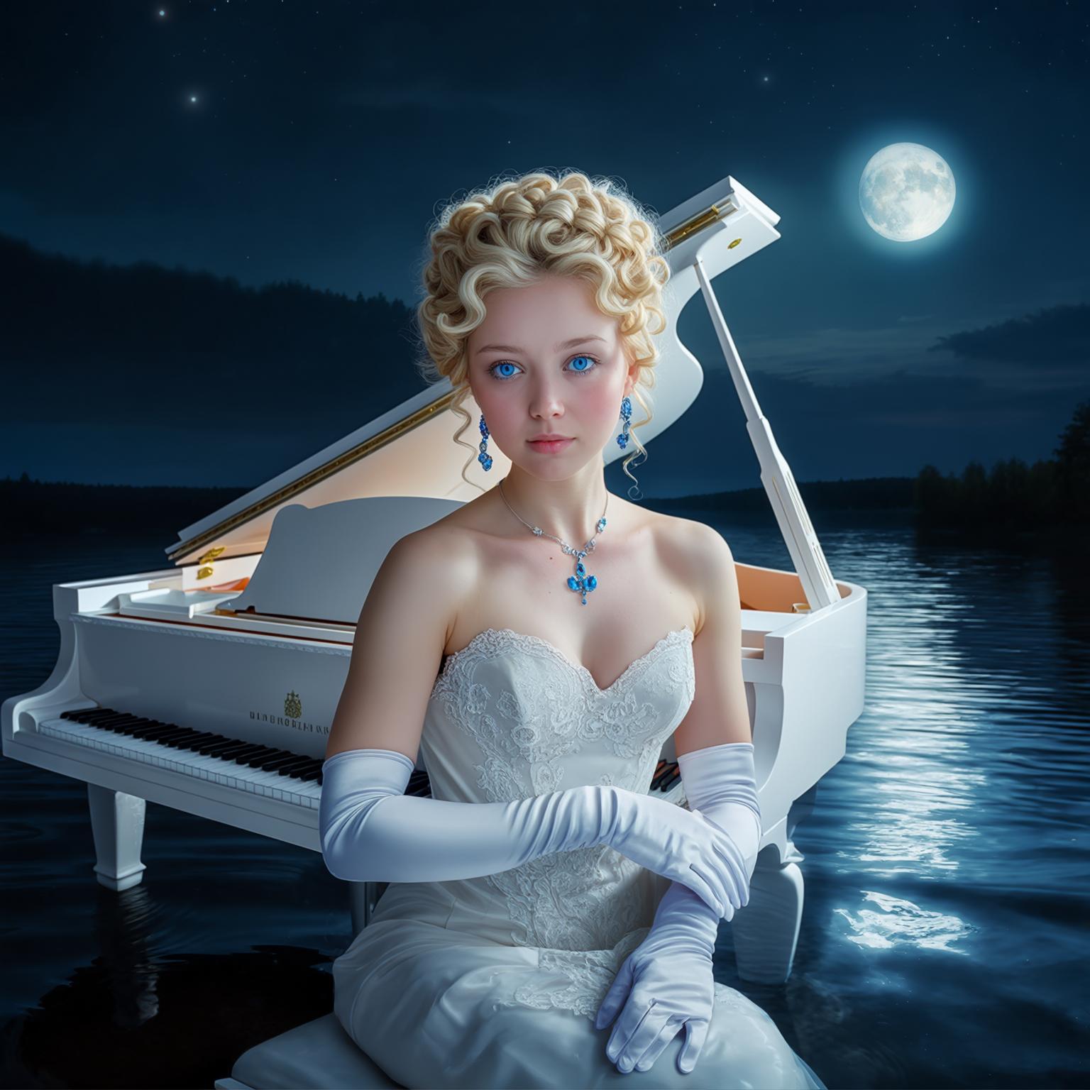 AI Image Generated by Luma Photon: Photo of an elegant female musician 25 years old, blonde curly hair gathered in a hairstyle, blue neat jewellery in her hair, light skin, blue eyes, Slavic appearance, white elegant dress with lace, white long gloves, sitting on a chair behind a colossal white grand piano, piano standing in a lake, night, night moonlight streaming on water, woman playing piano in water, making shadows dance in furious waltz, woman's dress wet, water all around, shades dark, emphasis on piano and woman, high realism, photorealism, high contrast, high quality, 4K