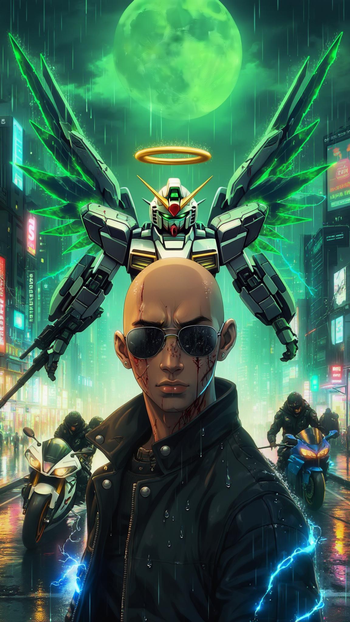 AI Image Generated by Luma Photon: A bald Dominican young man stands motionless at the heart of a sprawling futuristic cityscape, bathed in the neon glow of a cybernetic metropolis. Suspended above his head, a golden halo pulses gently, casting a celestial shimmer over his cybernetically enhanced face—deep scars etched into his skin, whispering untold battles of survival. A slow dolly shot closes in, revealing his sleek sunglasses resting low on his nose, exposing piercing, contemplative eyes locked onto his sleek, armored mecha motorcycle. Raindrops descend from the sky, sizzling upon contact with his cybernetic fingers, releasing tendrils of steam as faint arcs of blue electricity flicker across his metallic limbs. The air hums with the distant echoes of hovering patrol ships, their blinking lights scattering like stars in the glossy reflection of his open palm. Behind him, his massive Gundam-style mecha wings remain folded, pulsating with neon-green energy, their intricate mechanisms subtly shifting with each measured breath he takes. The cityscape is alive—holographic advertisements flicker across towering skyscrapers, while rain-soaked streets mirror the vibrant pulse of the skyline. The camera lingers in hyper-realistic 8K detail, capturing every rivulet of water running down his cheek, every micro-expression revealing the weight of destiny on his shoulders. Above, a massive green moon looms, its ethereal glow diffusing through the haze, casting an otherworldly ambiance over the scene. The world around him slows, as if time itself hesitates in his presence—a moment suspended between past and future, between action and inevitability.