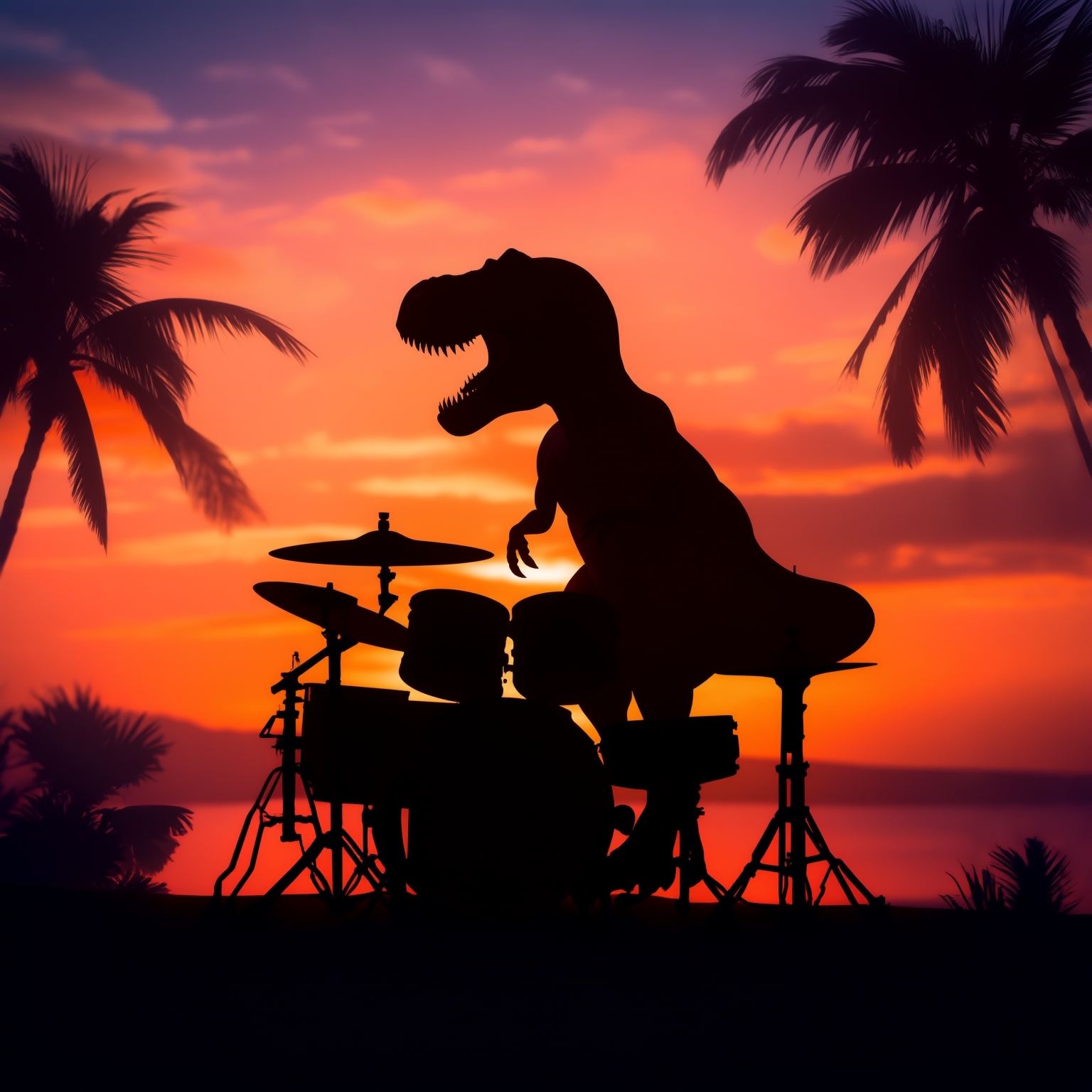 AI Image Generated by Luma Photon: t-rex happily playing drums on a full drum set, silhouetted by a realistic sunset in Hawaii 