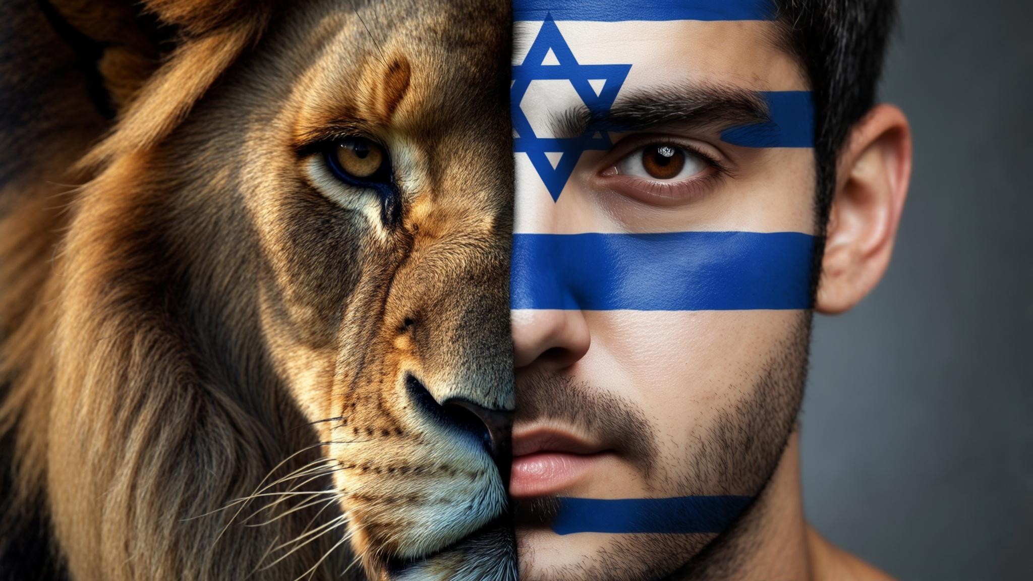 AI Image Generated by Luma Photon: (Masterpiece:1.3), (High Quality), (8K, 4K), (Intricate Details), Hyper-Realistic, cinematic lighting. An ultra-high-quality photorealistic image featuring hybrid interiors: The half-face of a majestic and vicious lion is particularly impressive with a rich and luxurious mane, piercing eyes and precise details in fur and facial features. The other half is the fully human face of a normal 30-year-old man with short, dark hair and brown eyes. The man’s face is covered with the exact makeup of the Israeli flag – blue and white stripes with a Star of David in the center. The transition between the two halves of the interior is smooth and artistic but also realistic. The combined facial expression should be powerful and exciting, with a sense of pride and strength. Dramatic lighting emphasizes the contrast between the two halves of the interior and creates an impressive atmosphere. The background should be neutral but impressive, in order to highlight the central character