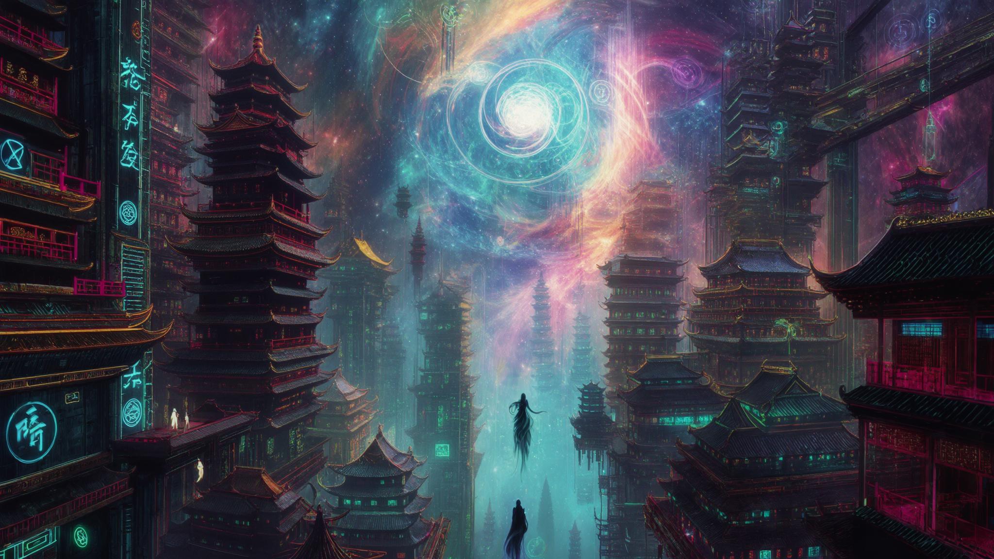 AI Image Generated by Luma Photon: An endless interdimensional metropolis suspended in the cosmic void, where spirits of ancient wisdom and modern rebellion coexist. The air pulses with the fusion of psychedelic blues rock and the raw energy of grime and horror. Towering neon temples radiate cryptic sigils, their architecture a surreal mix of cyberpunk, gothic, and Taoist influences. Ethereal figures glide through shadowy alleys and floating platforms, engaged in a dance of light and darkness. The sky is a swirling abyss of colors and celestial bodies, whispering the echoes of forgotten knowledge and cosmic harmony.