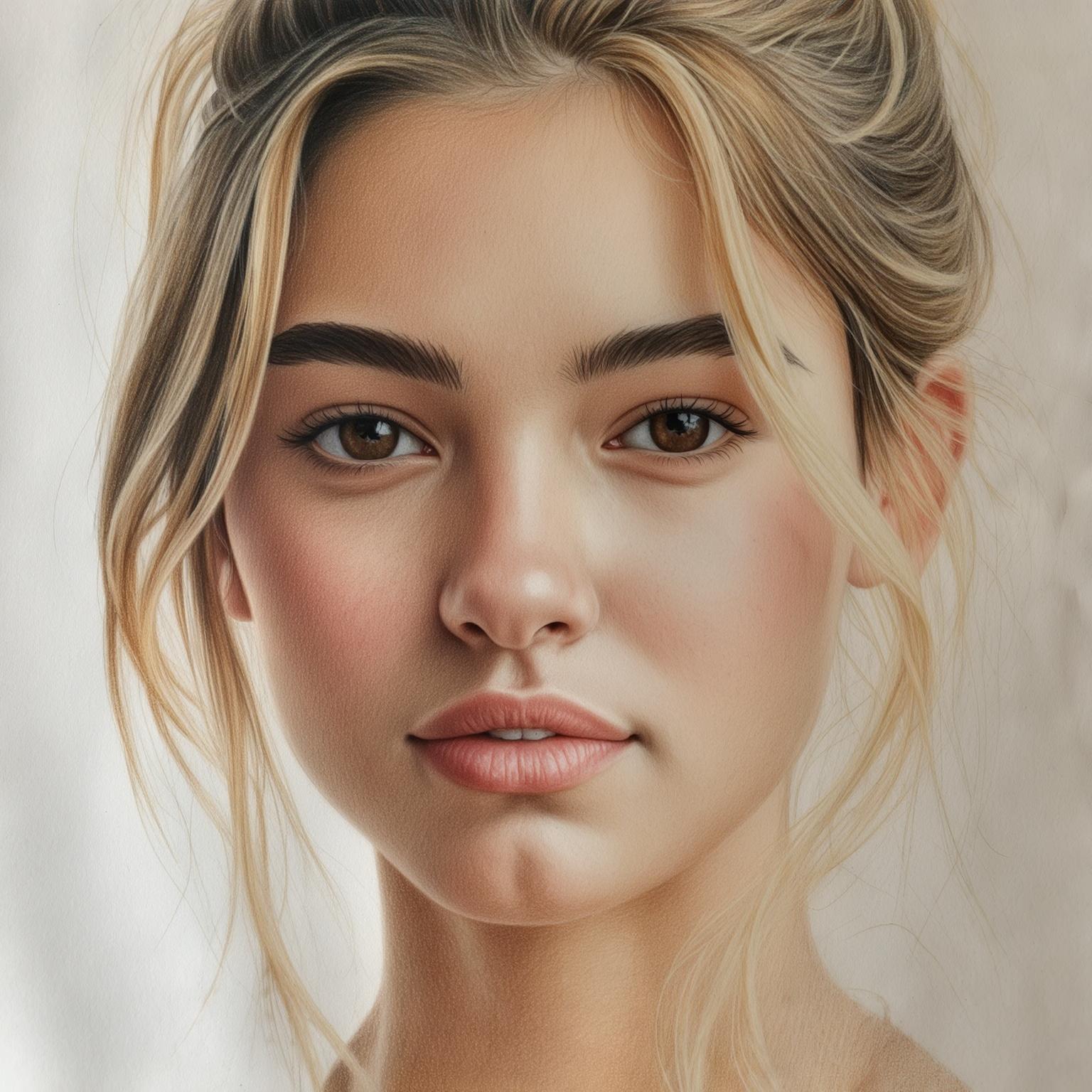 AI Image Generated by Luma Photon: A highly realistic portrait drawing of a young woman with an oval face shape, featuring soft, gently rounded contours rather than sharp angles. She has naturally high cheekbones that subtly define her facial structure, complemented by slightly full, youthful cheeks. Her almond-shaped eyes are expressive but realistically sized, deep-set under gently arched, natural eyebrows. The eyebrows are clearly defined but not overly perfect, maintaining natural variation. Her nose is slender, straight, and proportionate, slightly rounded at the tip. Her lips are naturally full but softly shaped, appearing expressive and human rather than exaggerated. Her complexion is clear yet natural, with subtle skin texture visible, such as small beauty marks or faint imperfections. She has loosely tied-back blonde hair, casually styled with a few strands gently framing her face, contributing to an authentic and approachable appearance. Her expression should feel quietly thoughtful, calm, and genuine rather than posed or overly stylized, capturing the unique and nuanced essence of a real person.