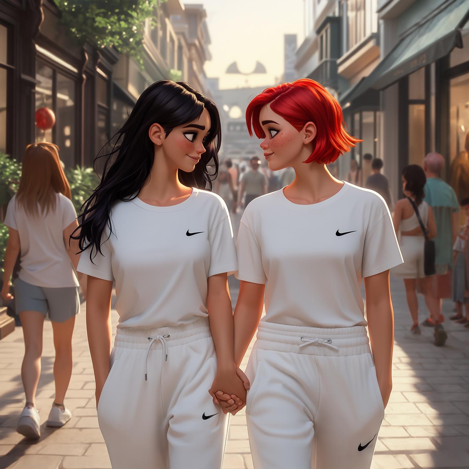 AI Image Generated by Luma Photon: Couple lesbiennes Tiana t Ariel en t-shirt blanc Nike et jogging blanc Nike faire du shopping styles drawing Disney 