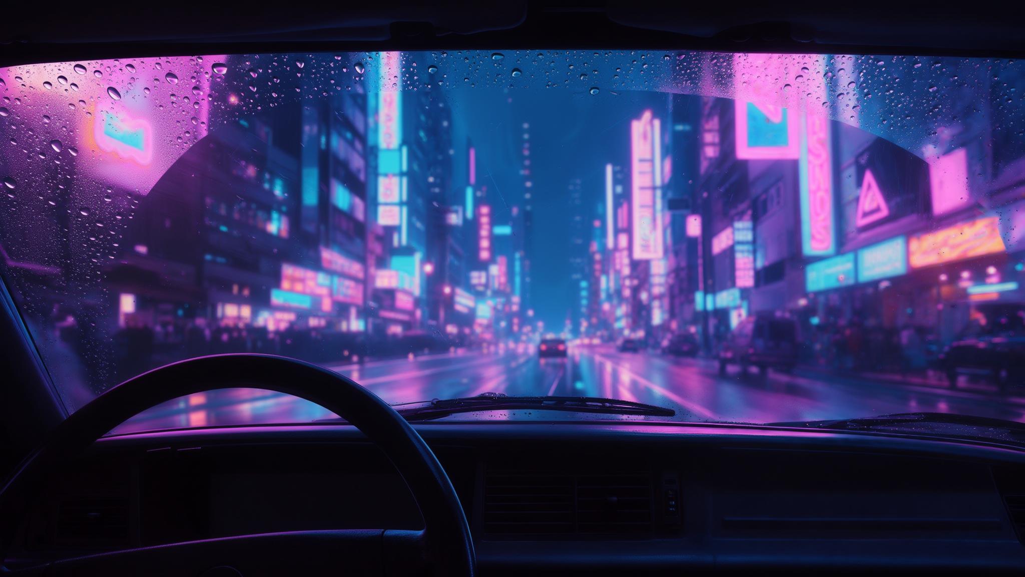 AI Image Generated by Luma Photon: Inside a car at night, looking through the windshield at a neon-lit city street, raindrops on the glass, blue and purple neon reflections, blurred city lights, retro futuristic mood, synthwave style, pov view, dashboard,