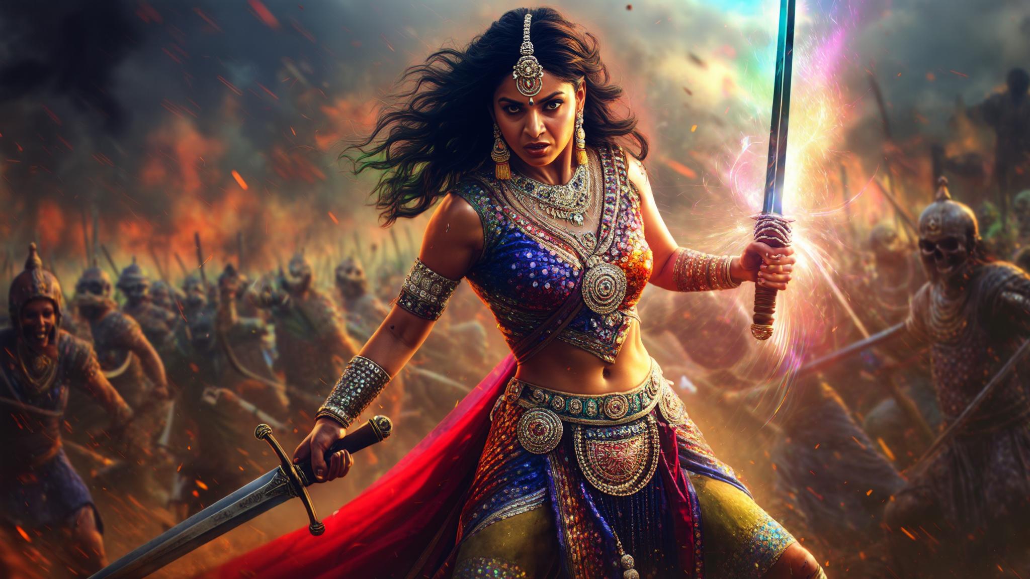 AI Image Generated by Luma Photon: a warrior princess from ancient Indian kingdom + fighting in a battlefield + intense + Colorful Fantasy Design Inspired + Hyper-realistic + Cinematic Image Quality + Fine detail + Epic lighting effects + 4K Cinema Look + --style raw —stylize 250