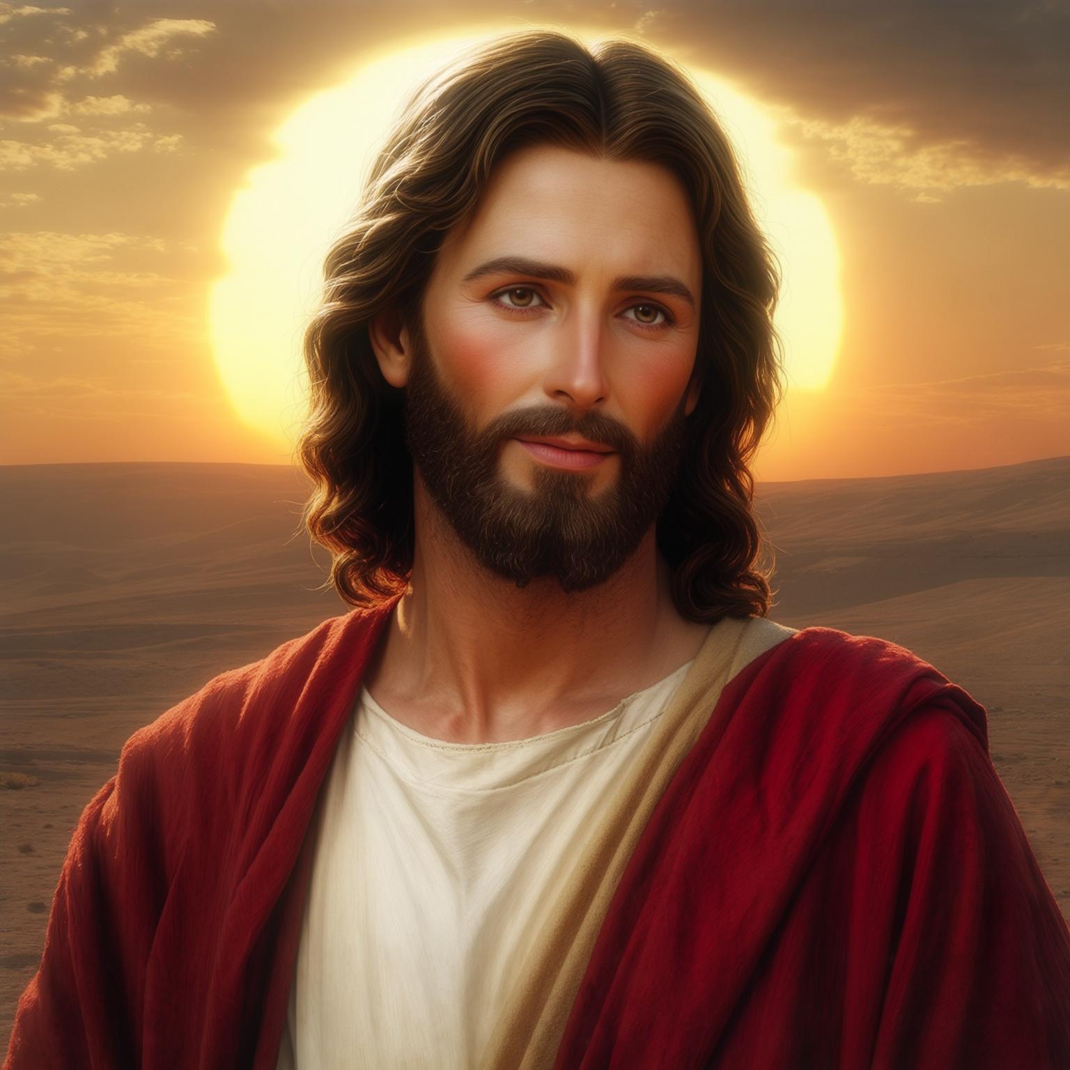 AI Image Generated by Luma Photon: A realistic and artistic depiction of Jesus Christ, with gentle and compassionate features, a short beard, and wavy brown hair. He is wearing a white tunic and a red cloak, radiating an aura of peace and wisdom. The background is a desert landscape with a golden sunset sky, creating a spiritual and serene atmosphere. The style is inspired by Renaissance paintings, with rich details and warm colors.