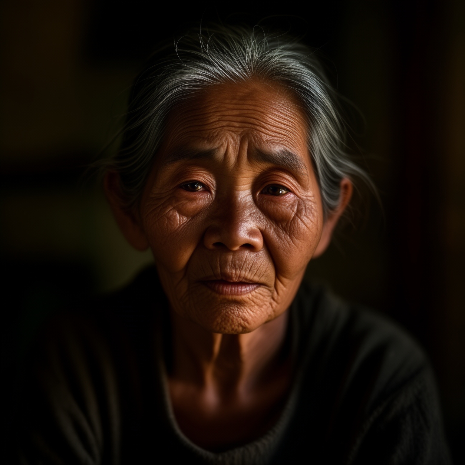 AI Image Generated by Luma Photon: Asian, elderly woman with wrinkled face, gray hair, and depressed expression