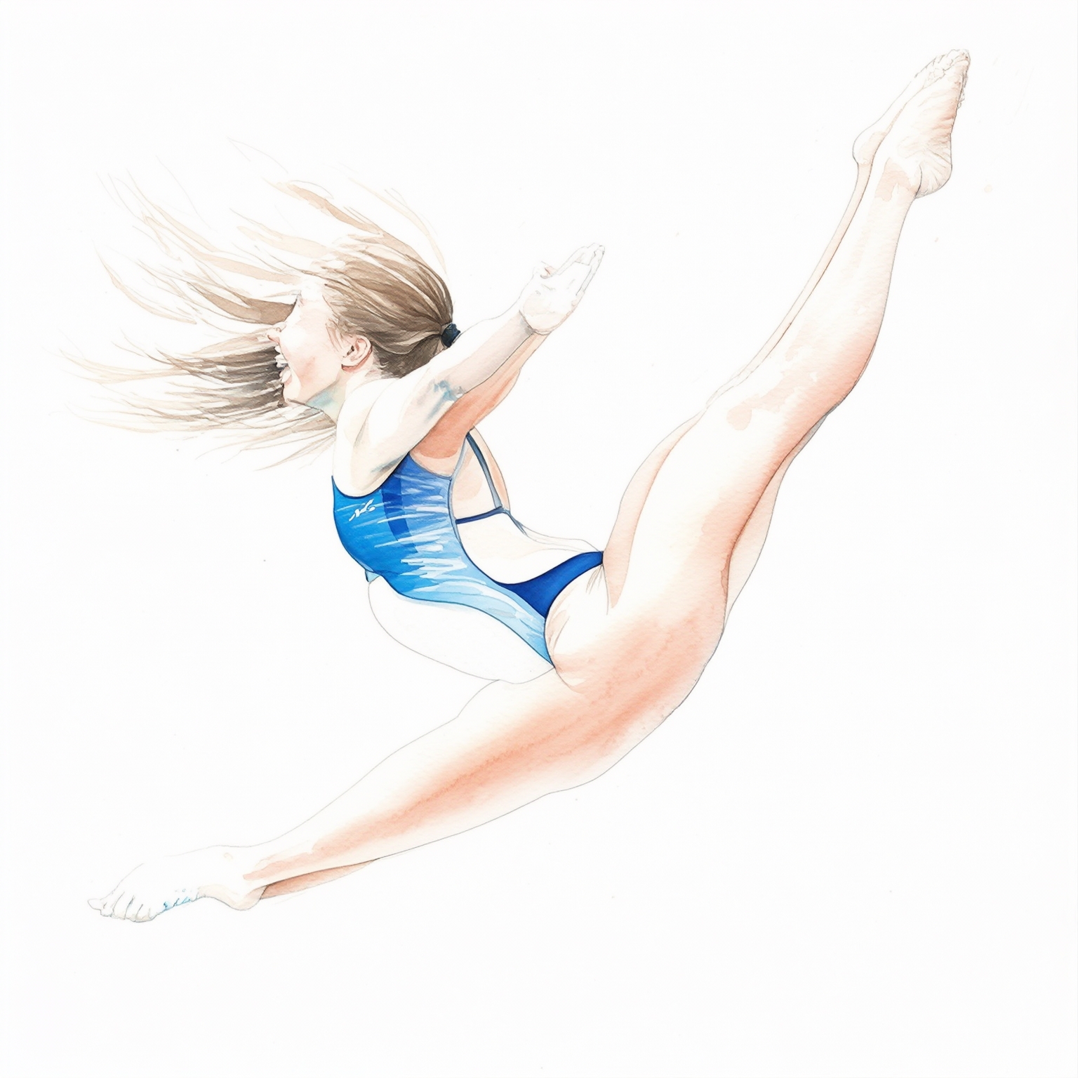 AI Image Generated by Luma Photon: Profile view: full-length, beautiful female diving athlete jumping headfirst into the water. There is a smile on her face. Long hair fluttering in the wind. Beautiful plastic in flight. On white background. Watercolor pencils
