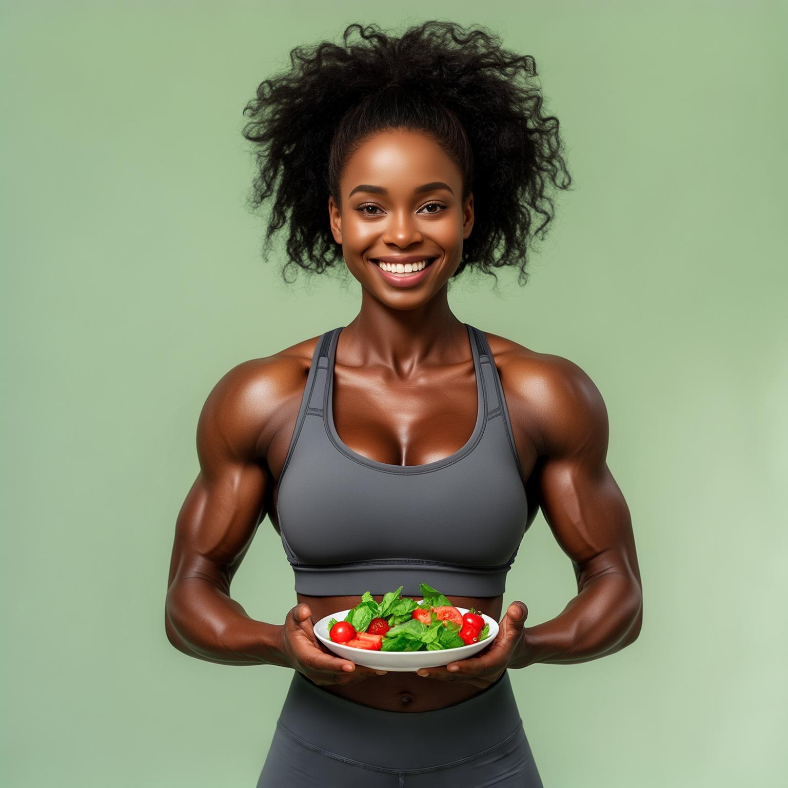 AI Image Generated by Luma Photon: Uma mulher negra fitness comendo comida saudavel com corpo definido, de aparência saudável e feliz, vestindo roupa de academia moderna (top e legging), em uma pose confiante com as mãos na cintura. Fundo verde-claro.