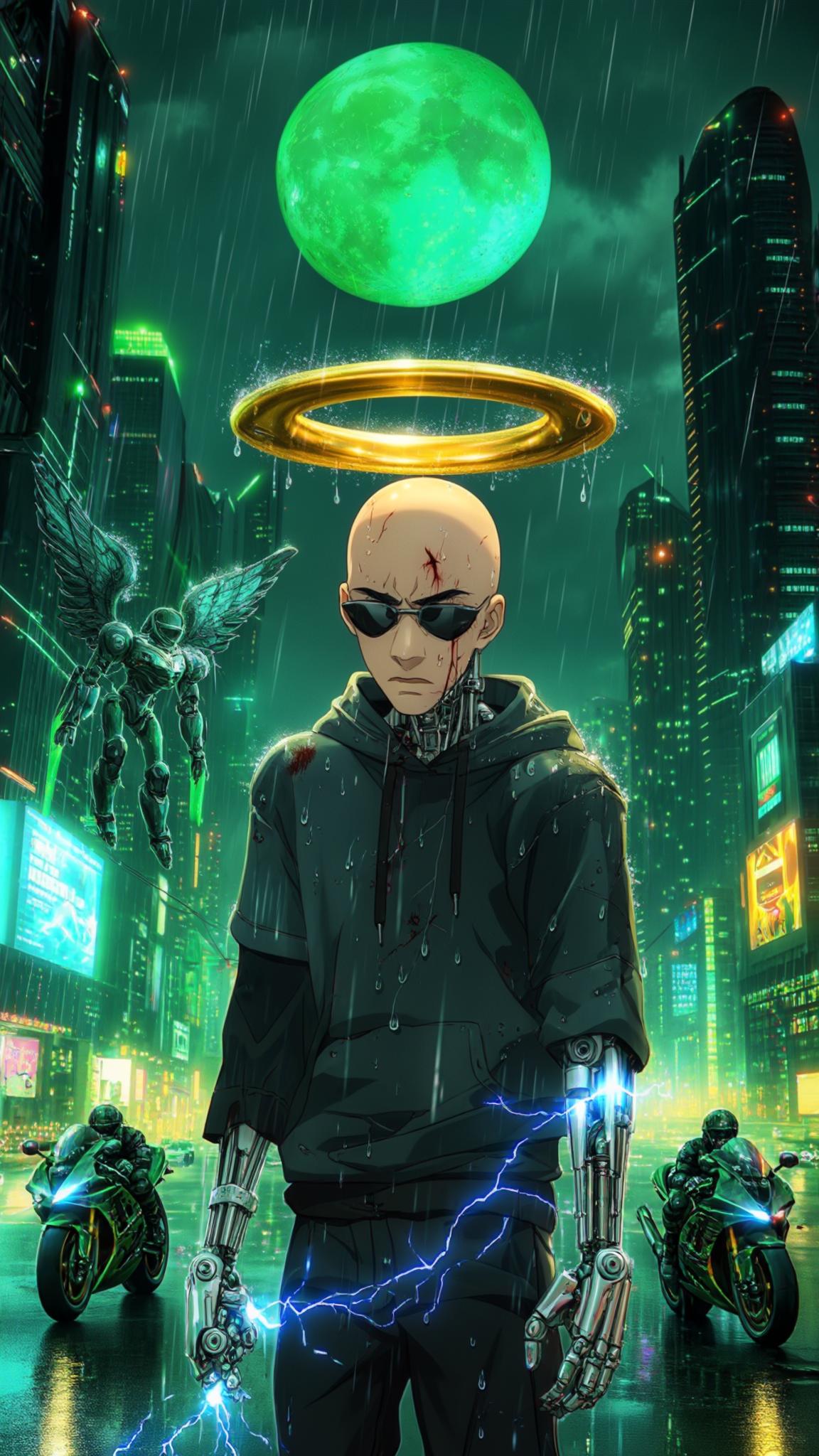 AI Image Generated by Luma Photon: A bald Dominican young man stands motionless at the heart of a sprawling futuristic cityscape, bathed in the neon glow of a cybernetic metropolis. Suspended above his head, a golden halo pulses gently, casting a celestial shimmer over his cybernetically enhanced face—deep scars etched into his skin, whispering untold battles of survival. A slow dolly shot closes in, revealing his sleek sunglasses resting low on his nose, exposing piercing, contemplative eyes locked onto his sleek, armored mecha motorcycle. Raindrops descend from the sky, sizzling upon contact with his cybernetic fingers, releasing tendrils of steam as faint arcs of blue electricity flicker across his metallic limbs. The air hums with the distant echoes of hovering patrol ships, their blinking lights scattering like stars in the glossy reflection of his open palm. Behind him, his massive mecha wings remain folded, pulsating with neon-green energy, their intricate mechanisms subtly shifting with each measured breath he takes. The cityscape is alive—holographic advertisements flicker across towering skyscrapers, while rain-soaked streets mirror the vibrant pulse of the skyline. The camera lingers in hyper-realistic 8K detail, capturing every rivulet of water running down his cheek, every micro-expression revealing the weight of destiny on his shoulders. Above, a massive green moon looms, its ethereal glow diffusing through the haze, casting an otherworldly ambiance over the scene. The world around him slows, as if time itself hesitates in his presence—a moment suspended between past and future, between action and inevitability.