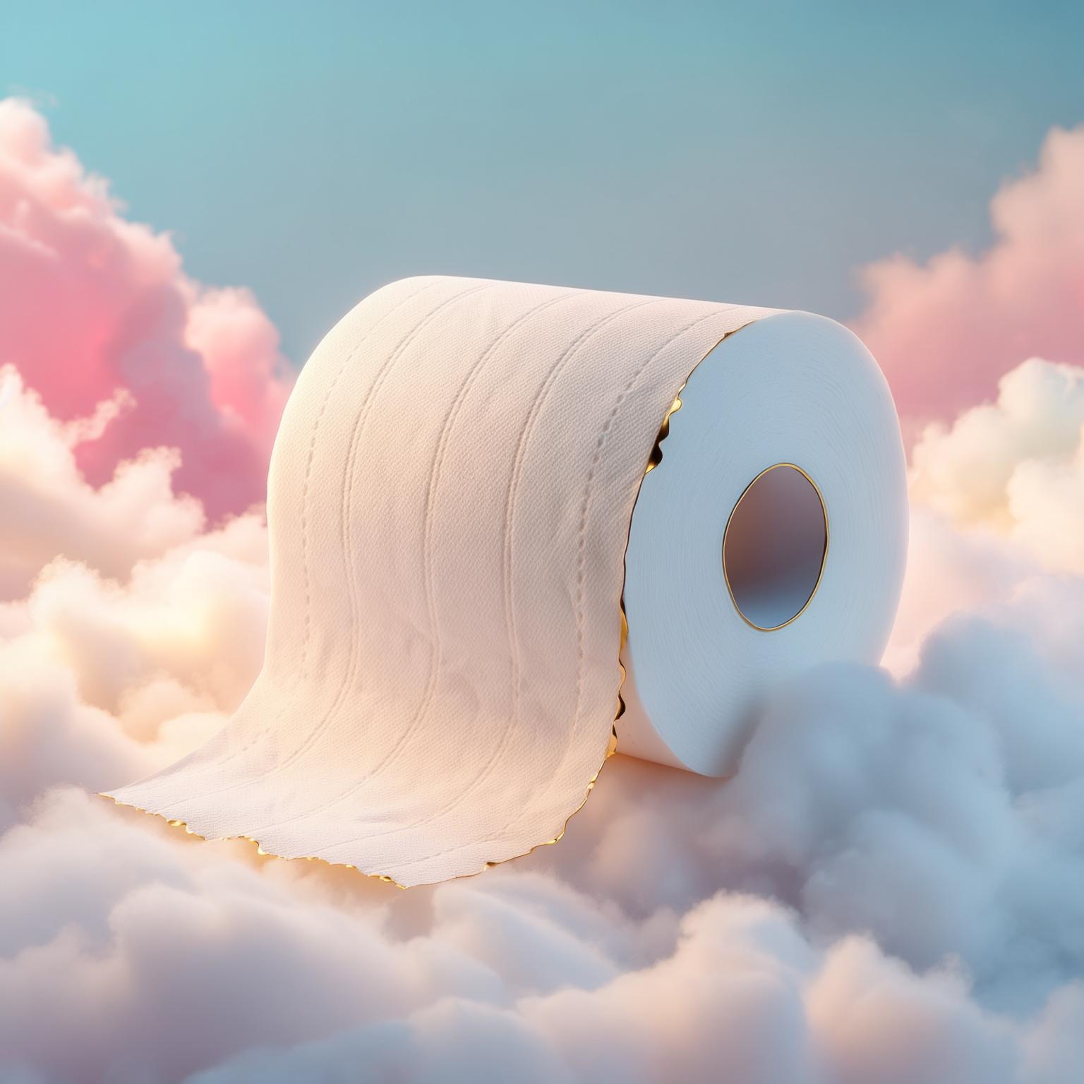AI Image Generated by Luma Photon: A roll of ultra-soft toilet paper resting on a fluffy cloud, with warm light emphasizing its velvety texture. An elegant atmosphere with pastel colors and golden details, conveying a sense of luxury and comfort.