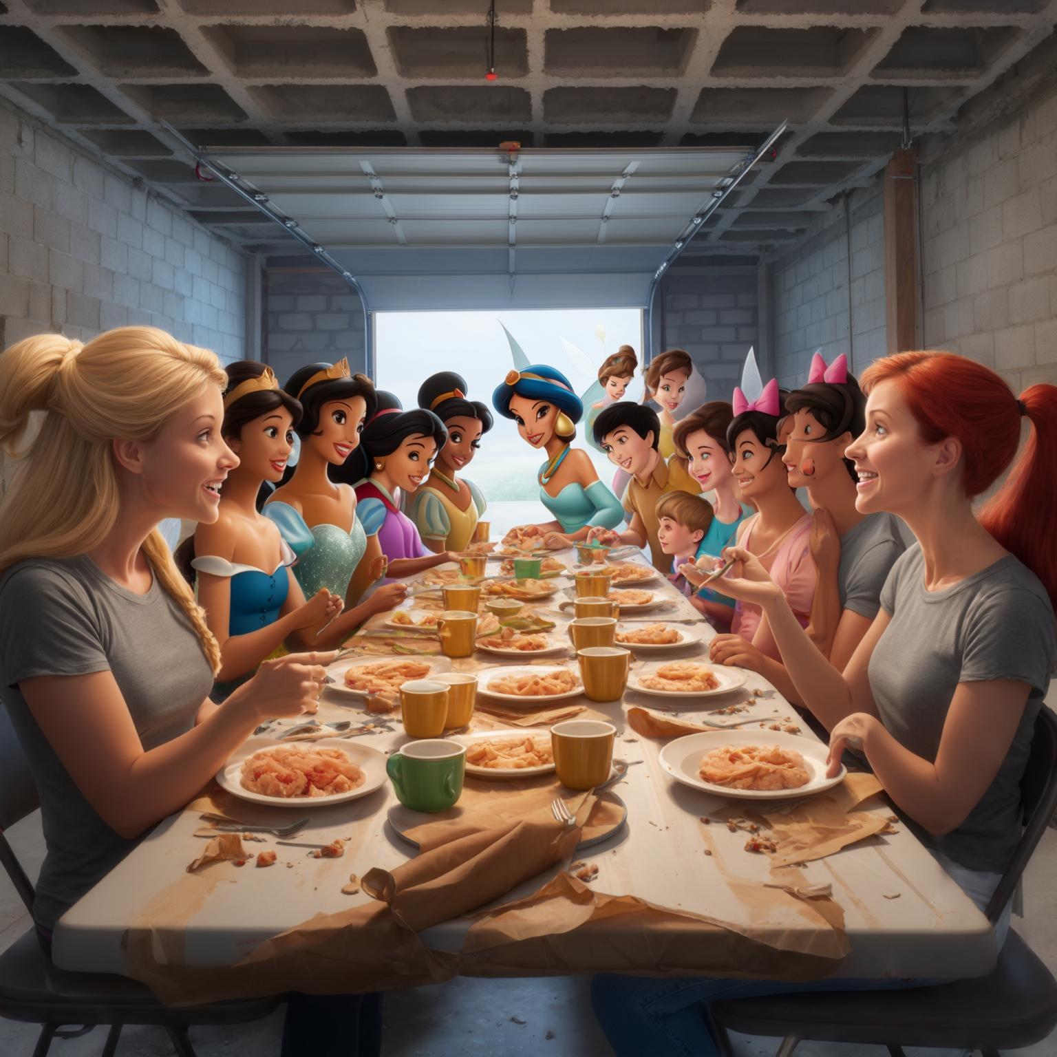 AI Image Generated by Luma Photon: Lesbiennes en t-shirt gris fée clochette et fée noa et invité tout les leur meilleur amis et meilleurs amies et tout les princesse princesse Disney et le couple lesbiennes  princesse jasmine et princesse blanche neige les deux Lesbiennes en t-shirt gris fée clochette blonde et et fée noa au cheveux Roux et invité tout leur meilleur amis et meilleurs amies princesse Disney a tout les deux et leur famille a tout les deux a mangé dans le grand garage sous sole en hourdis et parpaing de la maison discuter avec tout le monde et manger ensemble vue de près styles dessin animés Disney 