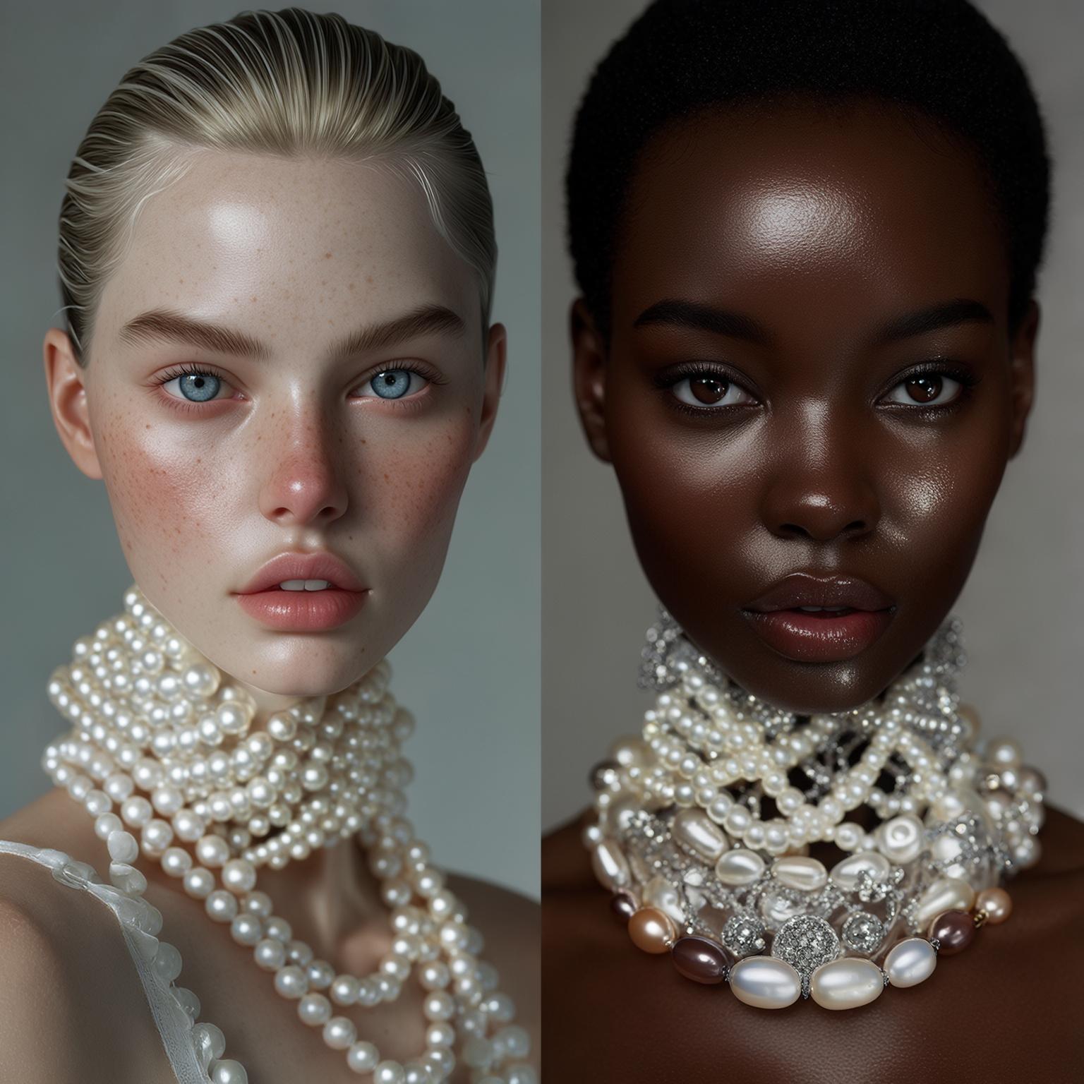 AI Image Generated by Luma Photon: Fashion portrait of two elegant women standing side by side. One was a white woman with cool eyes, slicked-back blonde hair, freckles on her face and smooth lips. The other teacher was a black woman with deep eyes, glossy black hair and smooth lips. Both wore lavish pearl jewelry, including oversized pearl chains and layered pearl necklaces. Skin texture is clearly visible. masterpiece. High Definition Details. Best Quality.