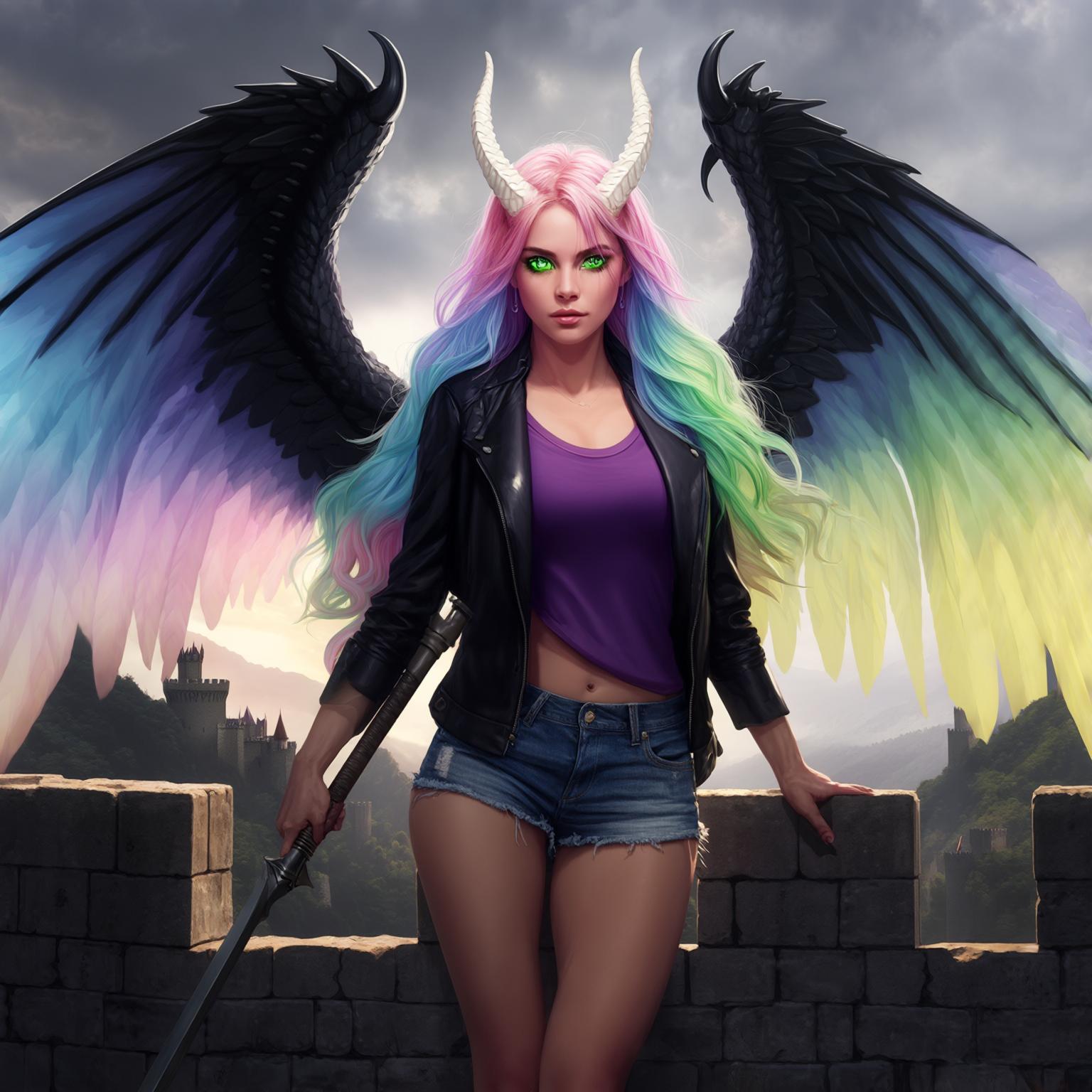AI Image Generated by Luma Photon: Illustration of a beautiful woman with green eyes, large, black dragon wings and white horns, long, multicoloured gradient hair with hues of pastel blue, purple, pink, green and yellow. She is wearing denim shorts, a purple shirt and a black jacket while standing guard on a castle wall with a spear in hand. Drawn in high-quality visual novel CGI style.