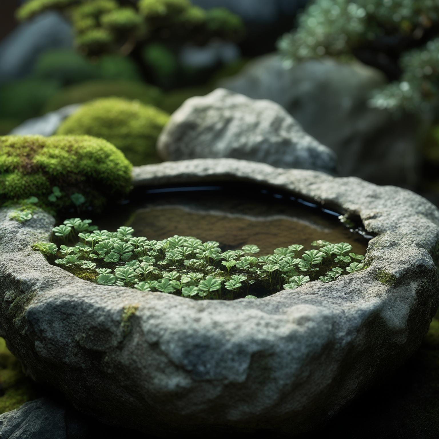AI Image Generated by Luma Photon: a natural stone water basin in a japanese garden, there are liverworts (liverworths are moss that have tiny leaves that are distinctive) growing on the edge giving it a atmosphere of being old. closeup