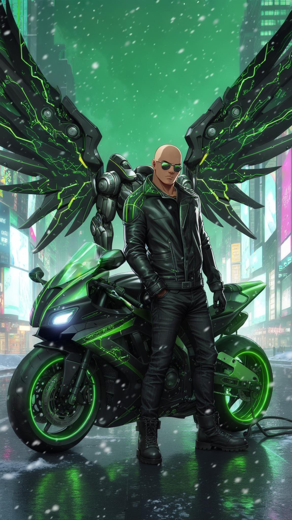 AI Image Generated by Luma Photon: Anime style. A bald Dominican young man stands in the heart of a futuristic city, snowflakes drifting through the neon-lit skyline. Towering skyscrapers pulse with cybernetic energy, their holographic billboards flickering against a deep green sky. He wears a sleek black leather jacket, fitted black jeans, and heavy boots, his stance unwavering against the pre-dawn breeze. His polished sunglasses reflect the distant shimmer of patrol ships hovering above the metropolis.

Behind him, his massive cybernetic mecha wings are fully expanded—sleek black with vibrant green energy lines coursing through intricate mechanical joints. The wings pulse with raw power, their edges sharp and aerodynamic, humming with kinetic energy as arcs of white electricity crackle and dance across their surface.

He casually leans against his black-and-green mecha motorcycle, its aerodynamic frame glowing faintly with embedded circuitry. The camera captures him from a dramatic 45-degree angle, accentuating his imposing presence amidst the high-tech dystopia. The snowfall catches the neon light, creating a mesmerizing blend of motion and atmosphere, while the hum of the futuristic city thrums in the distance.