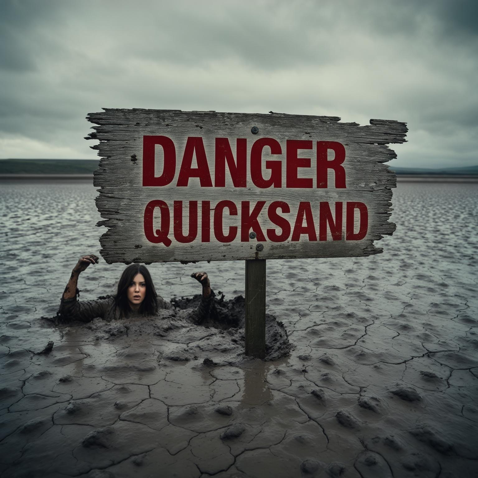 AI Image Generated by Luma Photon: Photo of a sign reading "DANGER QUICKSAND" against the background of a vast mud flat. A woman is stuck in the mud in the distance, her back to the camera