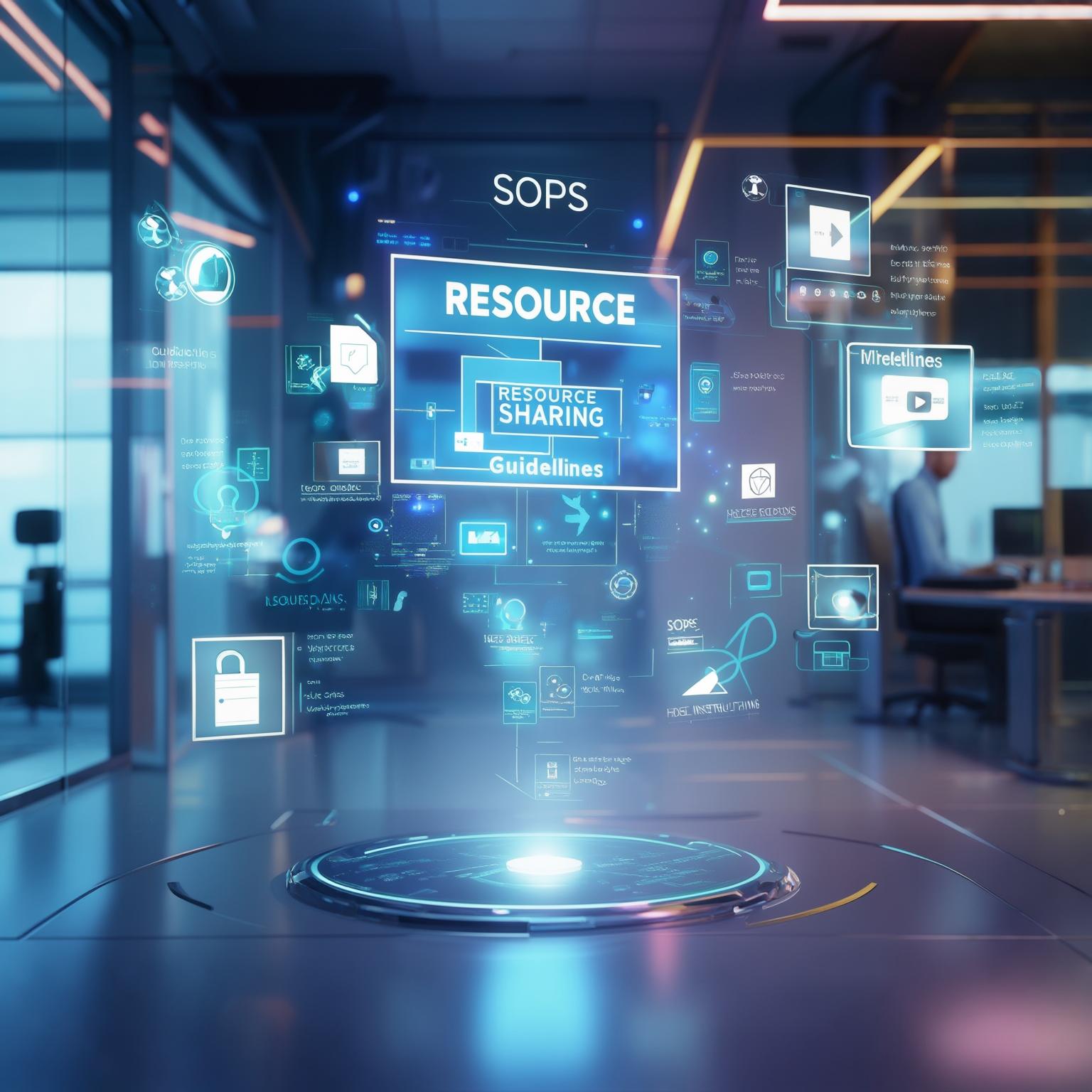 AI Image Generated by Luma Photon: photo about resources sharing for marketing staff at company, can be guidelines, SOP, file sharing, video instruction file sharing. some 3d futuristic picture - remove the people, use the middle diagram

