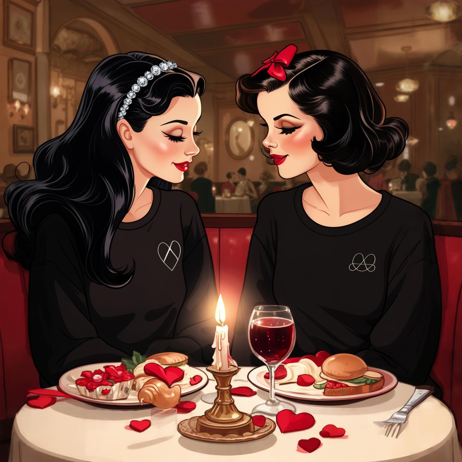 AI Image Generated by Luma Photon: Lesbiennes princesse jasmine en pulle sweat noir Nike manche longue et princesses blanche neige en pulle sweat noir Nike manche longue Manger au restaurant pour la saint Valentin styles drawing Disney 1937s classique 