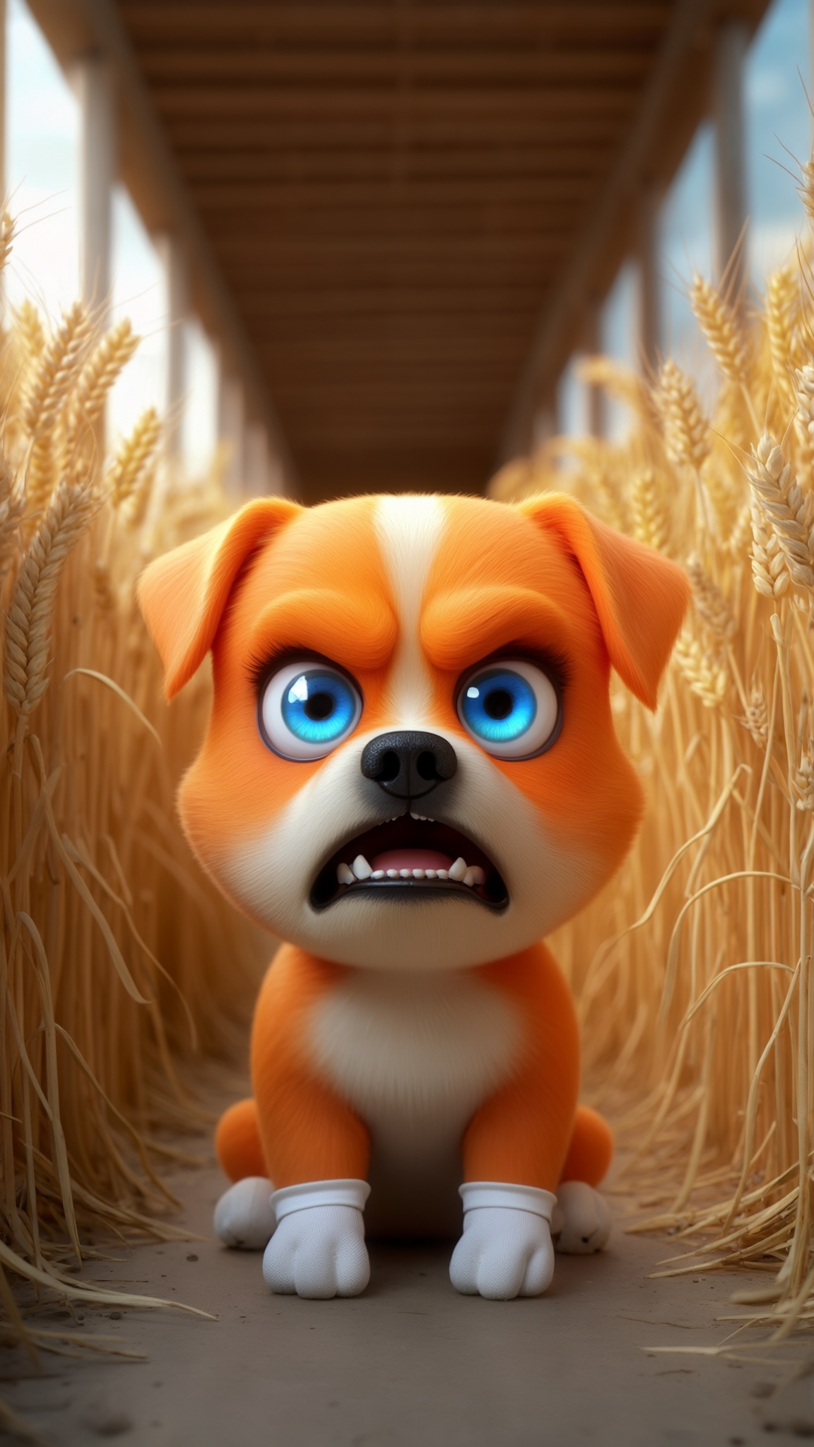 AI Image Generated by Luma Photon: Stylized 3D rendering of a cute dog character with bright orange fur and big blue eyes, small black nose, wearing white gloves. The character sitting in a wheat field corridor with a wooden ceiling structure, looking angry . Soft, natural lighting creates a warm and inviting atmosphere, enhancing the character's friendly expression. The scene features a harmonious blend of warm tones and gentle shadows, emphasizing the character's playful and surprised demeanor.