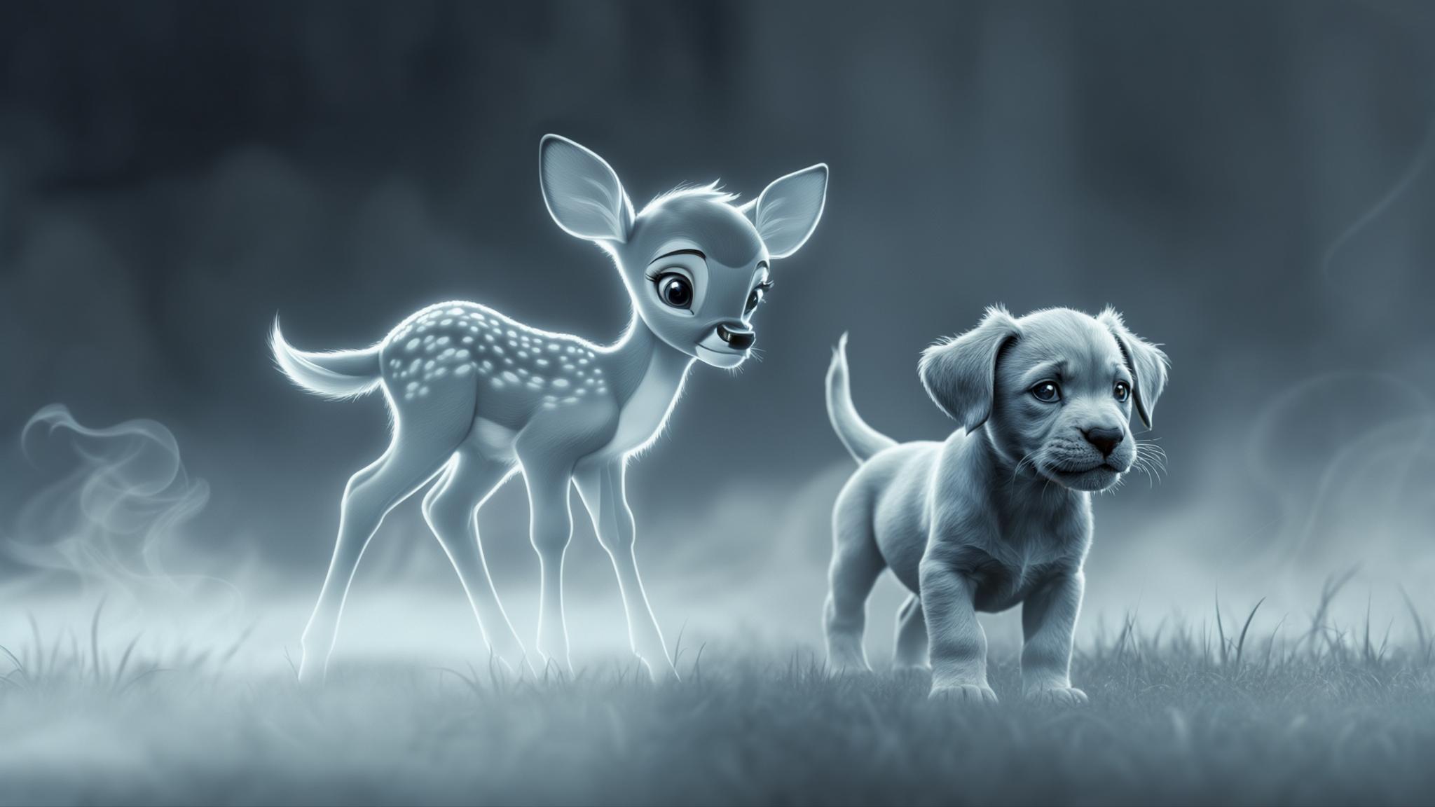 AI Image Generated by Luma Photon: (High Quality), (8K, 4K), (Intricate Details), Hyper-Realistic, cinematic lighting. An ultra-high-quality photorealistic image A ghostly baby deer lingers nearby, looking lost and sad. Mufasa the baby Lion and the injured puppy approach slowly, offering comfort. Key Visual Elements: Softly transparent deer, puppy wagging its tail gently, mist curling around their feet. Mood & Atmosphere: Gentle, heart-touching.