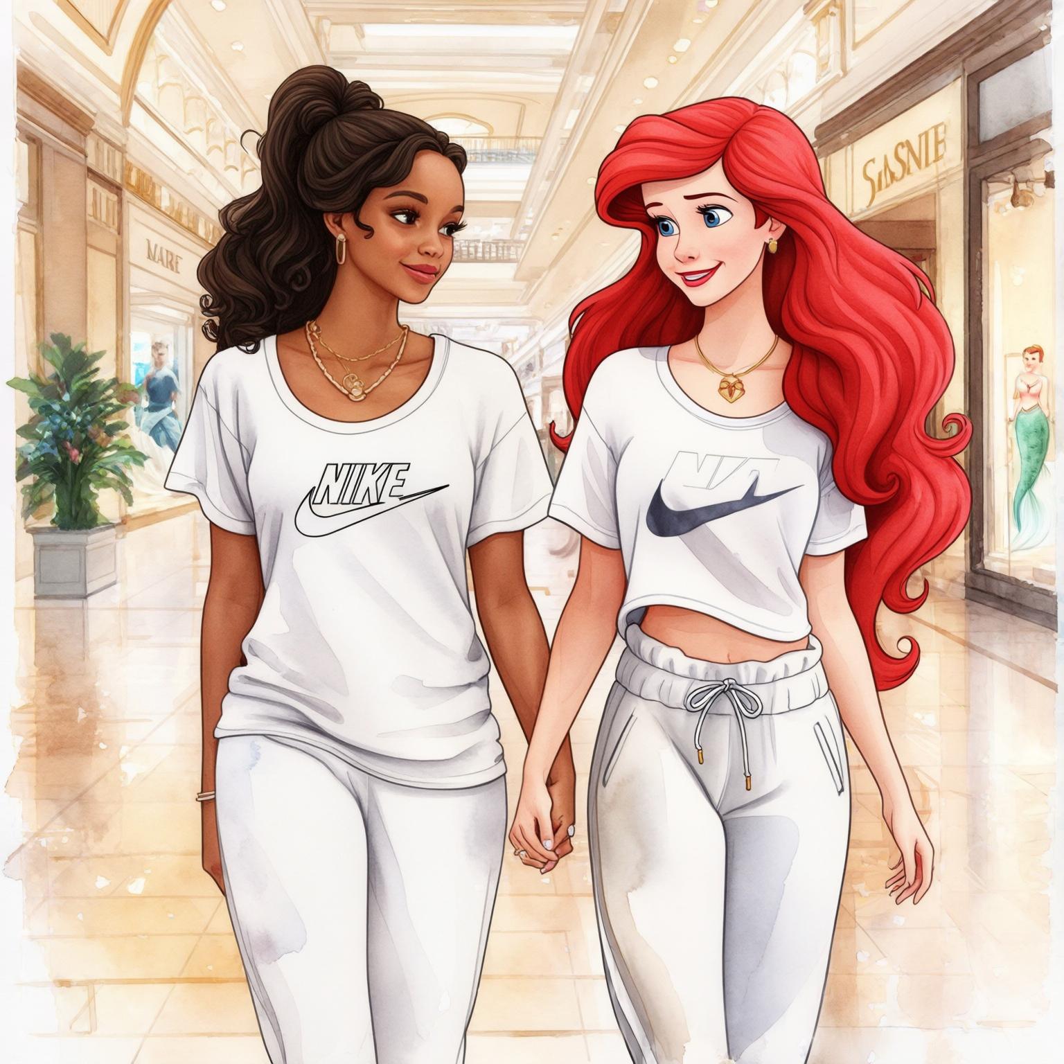 AI Image Generated by Luma Photon: Couple lesbiennes princesse Tiana et princesse Ariel tout les deux en t-shirt blanc Nike et jogging blanc Nike faire du shopping styles drawing Disney 
