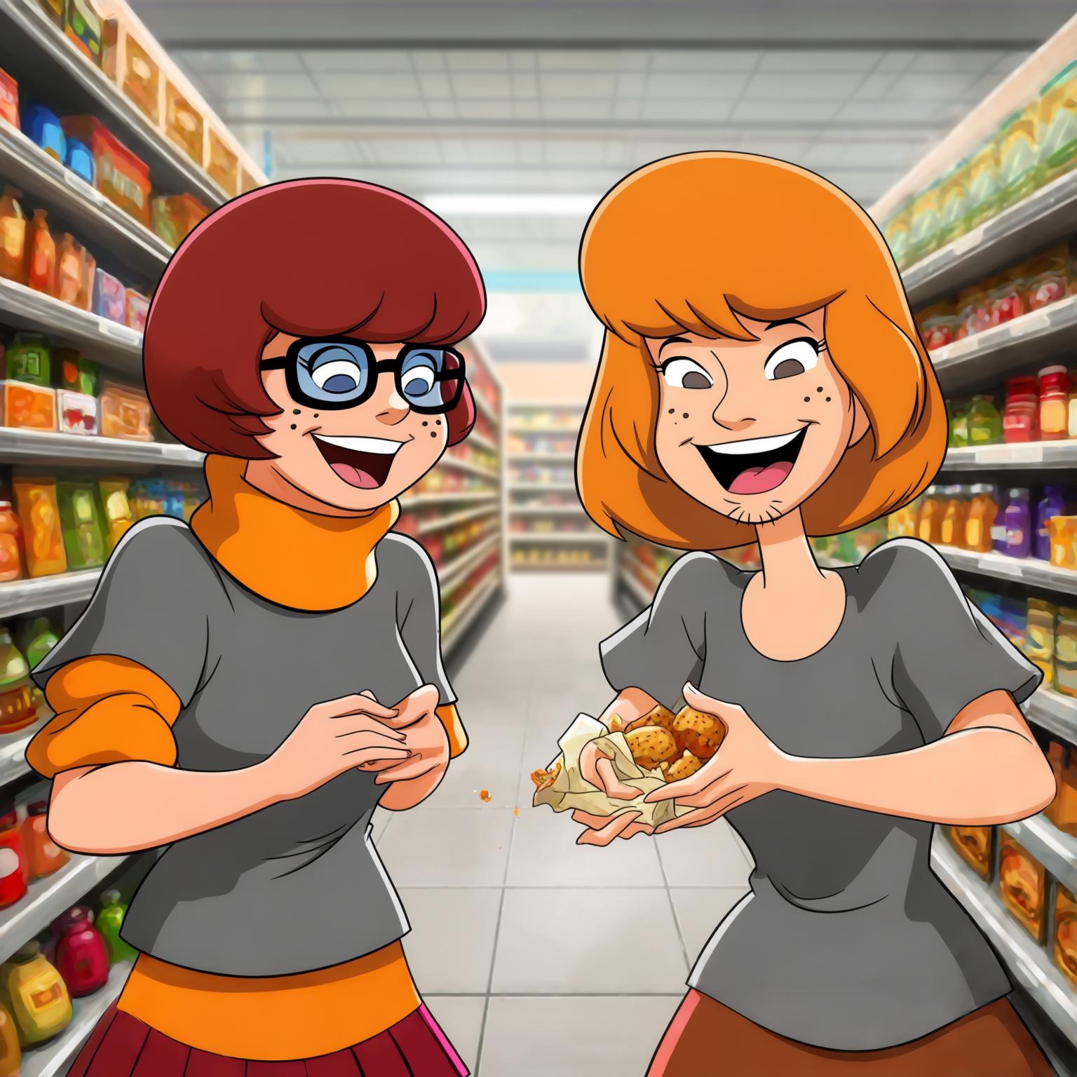 AI Image Generated by Luma Photon: lesbienne et velma dinkley habiller en t-shirt manche court gris et daphne blak habiller en t-shirt manche court gris et faire les courses ne plus rien avoir dans le frigo dans le magasin être heureuse de choisir se qu'elle veulent manger et les courses vue de près styles hanna barbara scooby-doo
