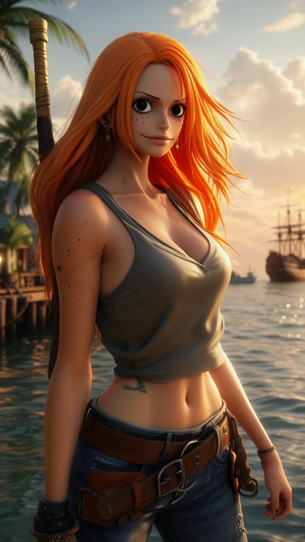 AI Image Generated by Luma Photon: A beautiful, intelligent young woman inspired by Nami from One Piece, standing near a tropical port at sunset. She has long orange hair flowing in the sea breeze, wearing a stylish sleeveless top and jeans with a clima-tact staff on her back. Her expression is confident and slightly mischievous. The setting is realistic and cinematic, with soft golden light, palm trees, docked ships, and distant waves. Inspired by a pirate navigator. Realistic skin, natural movement, subtle lens flares, live-action movie tone.

