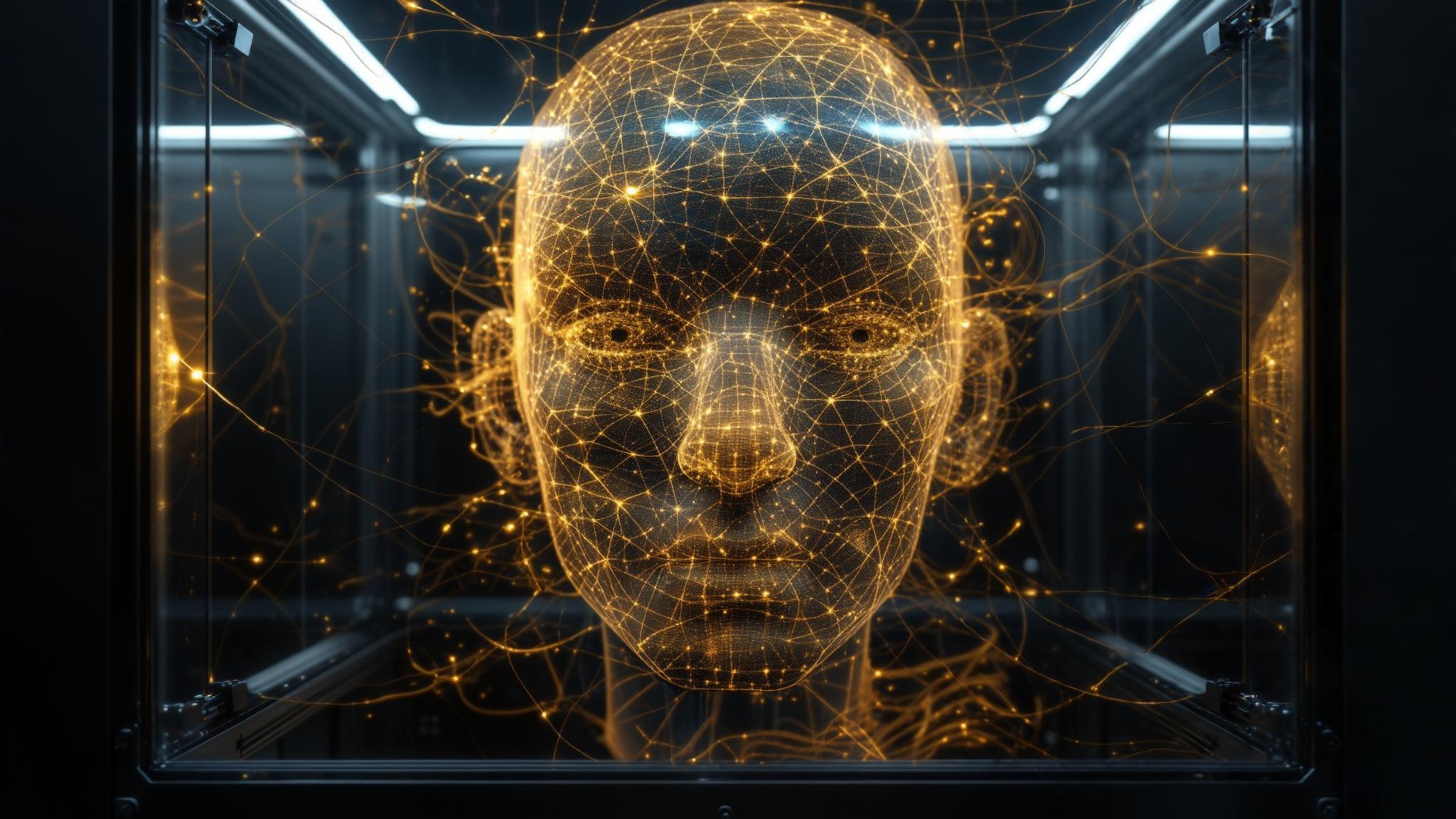 AI Image Generated by Luma Photon: the Neural Link is a vast, pulsating holographic network, suspended in a dark transparent containment chamber. Countless micro-thin data threads weave together like an intricate neural web to form a human face, each strand glowing with golden energy pulses as information flows through. The chamber itself is lined with smooth black alloy. The overall look is a fusion of raw technological precision and organic intuition, with subtle kinetic animations rippling through the space.