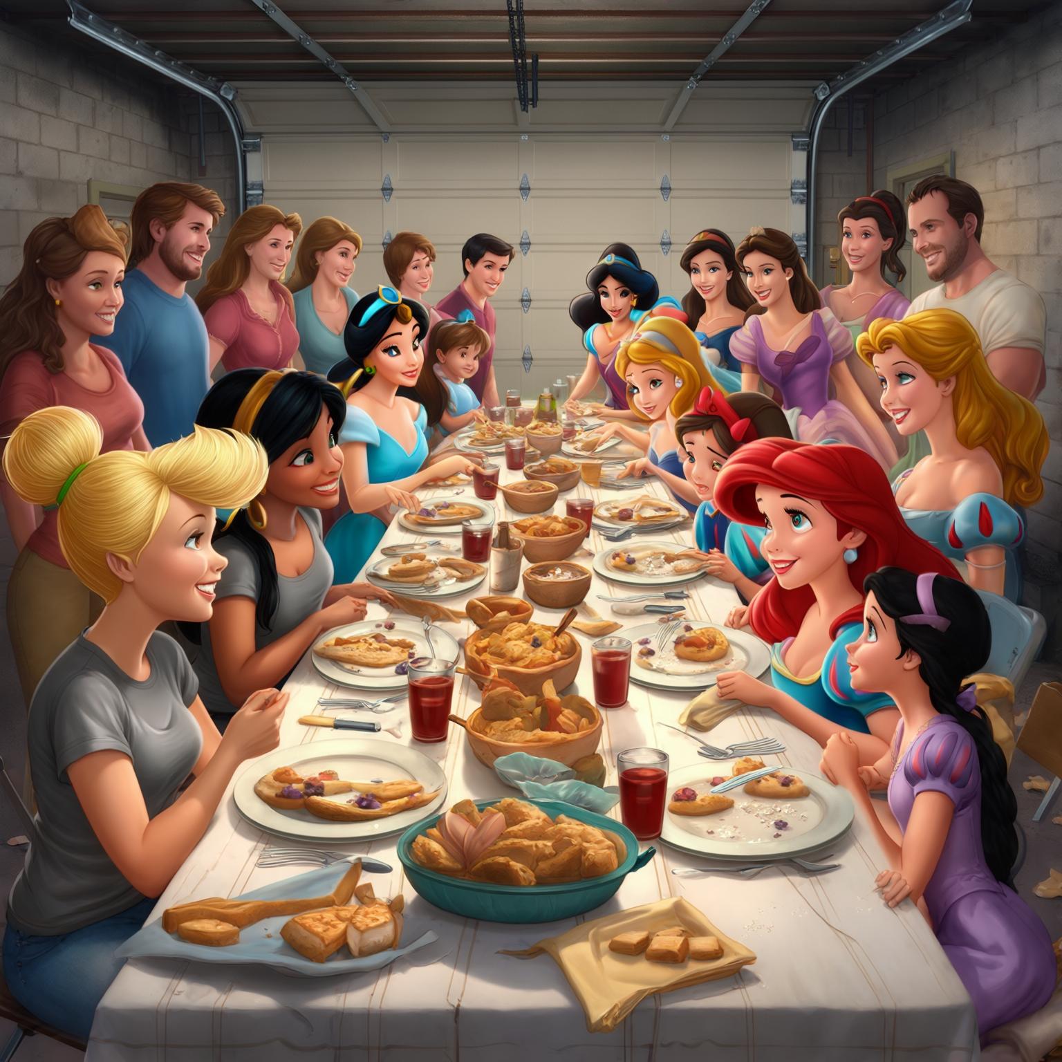 AI Image Generated by Luma Photon: Lesbiennes en t-shirt gris fée clochette et fée noa et invité tout les leur meilleur amis et meilleurs amies et tout les princesse princesse Disney et le couple lesbiennes  princesse jasmine et princesse blanche neige les deux Lesbiennes en t-shirt gris fée clochette blonde et et fée noa au cheveux Roux et invité tout leur meilleur amis et meilleurs amies princesse Disney a tout les deux et leur famille a tout les deux a mangé dans le grand garage sous sole en hourdis et parpaing de la maison discuter avec tout le monde et manger ensemble vue de près styles dessin animés Disney 