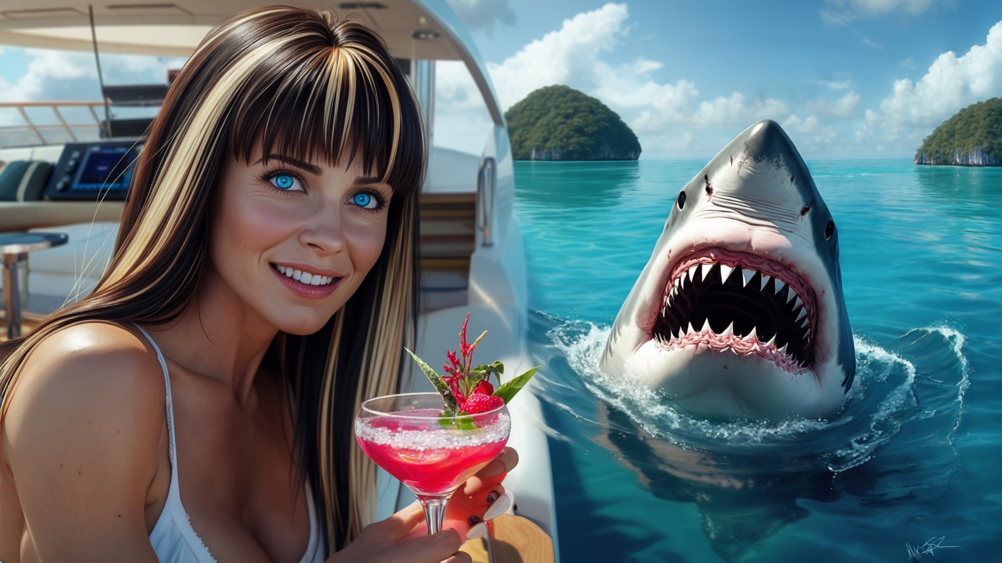 AI Image Generated by Luma Photon: a hyper-realistic 8K image of a luxurious yacht sailing among stunning green islands in turquoise waters on a beautiful clear day. The scene features two characters. The first is a gorgeous woman with straight brown hair with blonde highlights and blue eyes standing on the deck and smiling while holding an enticing cocktail. The second character is a 35-year-old man with very short straight black hair and brown eyes that locate inside the sea looking terrified as a menacing shark with an open mouth and sharp teeth is approaching him, threatening to devour him. Both characters are looking directly at the viewer with their faces completely clear and visible and in high pixel and quality. Neither character is wearing glasses. The image should have extremely high definition and sharpness Professional photography, bokeh, natural lighting, canon lens, shot on dslr 64 megapixels sharp focus Professional 