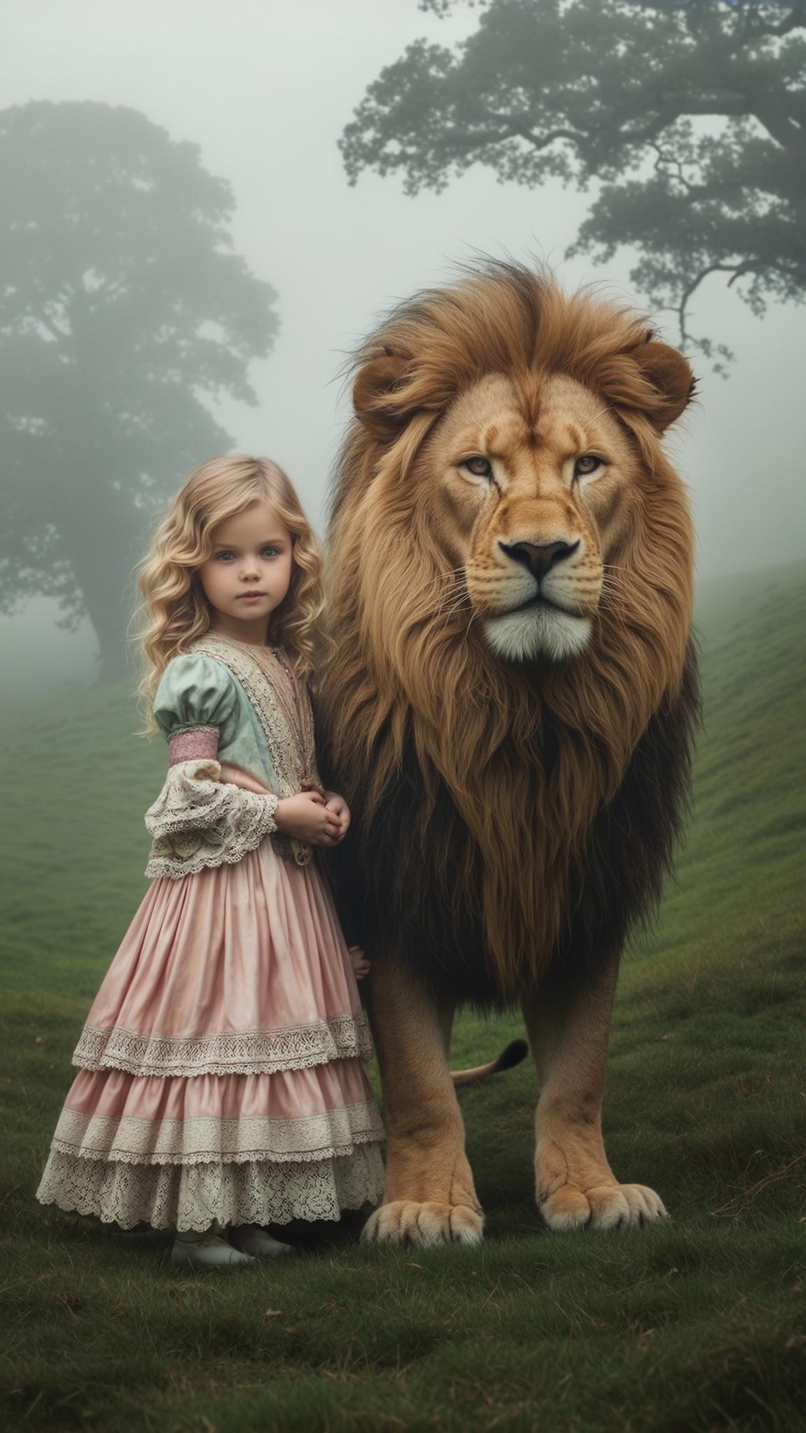 AI Image Generated by Luma Photon: 3-year-old British girl with wavy blonde hair, wearing a Victorian-style dress, standing confidently beside a regal lion in a misty English countryside. The atmosphere is royal and mystical