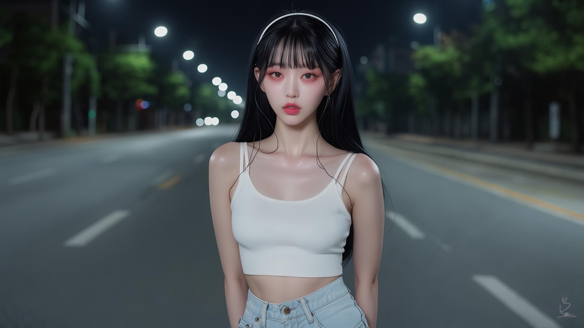 AI Image Generated by Luma Photon: a stunningly beautiful K-pop idol-style Korean girl with long black straight hair and soft see-through bangs, porcelain skin with realistic texture and natural shading, soft pink blush, glossy lips, large almond-shaped downturned eyes with double eyelids and slight under-eye shadow, perfect symmetry and V-line jaw, standing on an empty street at night, sultry expression and arms behind back. She wears a white cropped tank top, light blue jeans, and minimal jewelry, over-ear headphones, The road is clean and well-lit with evenly spaced streetlights, casting a soft glow. The background shows trees, sidewalk, and distant headlights. Shot in ultra-high resolution, clean and crisp with photorealistic clarity and cinematic nighttime lighting. clear face, magazine concept