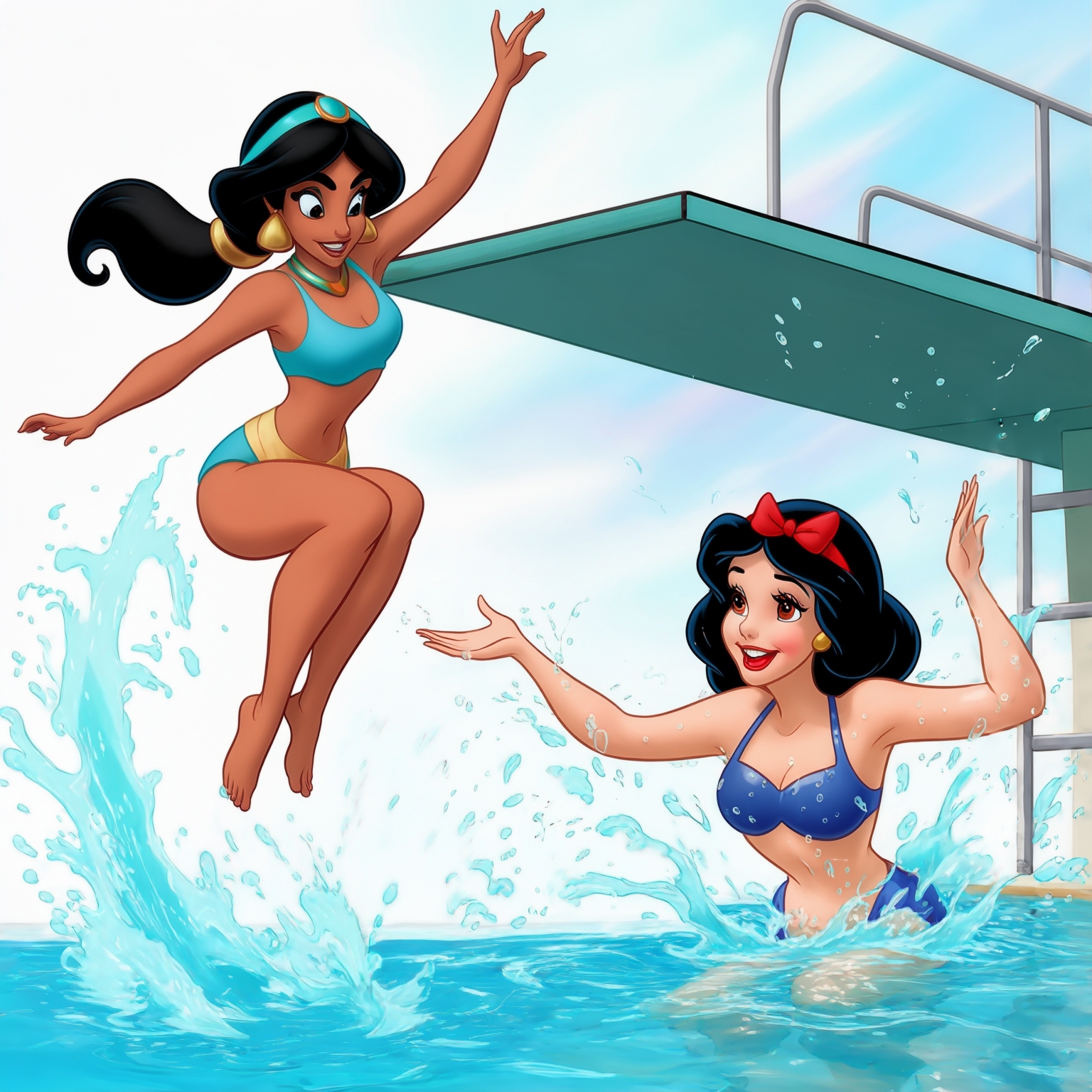 AI Image Generated by Luma Photon: two lesbians happy smiles in a swimsuit and Jasmine and snow white bathe pool and jumping off the diving board styles Disney drawing  