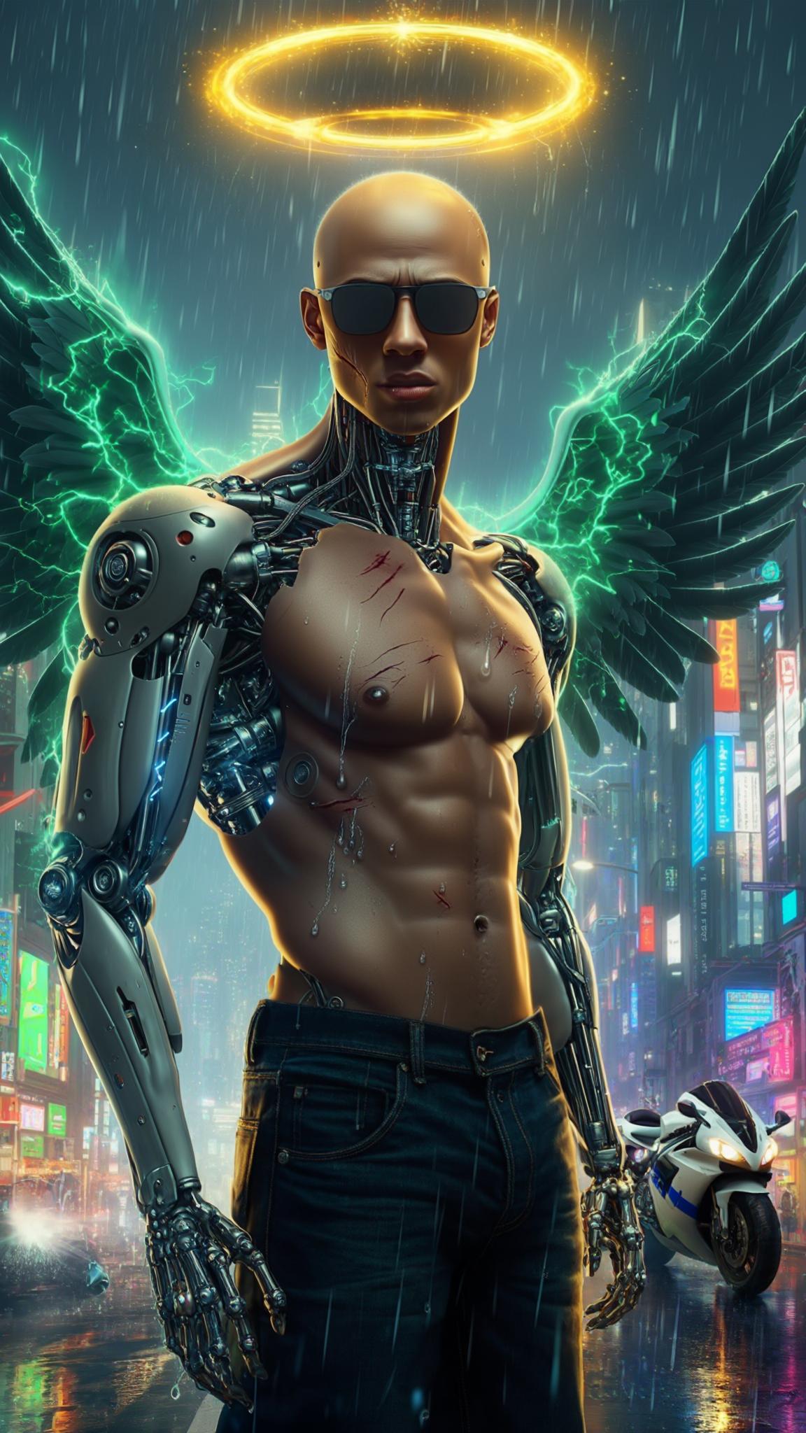 AI Image Generated by Luma Photon: A bald Dominican young man stands motionless at the heart of a sprawling futuristic cityscape, bathed in the neon glow of a cybernetic metropolis. Suspended above his head, a golden halo pulses gently, casting a celestial shimmer over his cybernetically enhanced face—deep scars etched into his skin, whispering untold battles of survival. A slow dolly shot closes in, revealing his sleek sunglasses resting low on his nose, exposing piercing, contemplative eyes locked onto his sleek, armored mecha motorcycle. Raindrops descend from the sky, sizzling upon contact with his cybernetic fingers, releasing tendrils of steam as faint arcs of blue electricity flicker across his metallic limbs. The air hums with the distant echoes of hovering patrol ships, their blinking lights scattering like stars in the glossy reflection of his open palm. Behind him, his massive Gundam-style mecha wings remain folded, pulsating with neon-green energy, their intricate mechanisms subtly shifting with each measured breath he takes. The cityscape is alive—holographic advertisements flicker across towering skyscrapers, while rain-soaked streets mirror the vibrant pulse of the skyline. The camera lingers in hyper-realistic 8K detail, capturing every rivulet of water running down his cheek, every micro-expression revealing the weight of destiny on his shoulders. Above, a massive green moon looms, its ethereal glow diffusing through the haze, casting an otherworldly ambiance over the scene. The world around him slows, as if time itself hesitates in his presence—a moment suspended between past and future, between action and inevitability.
