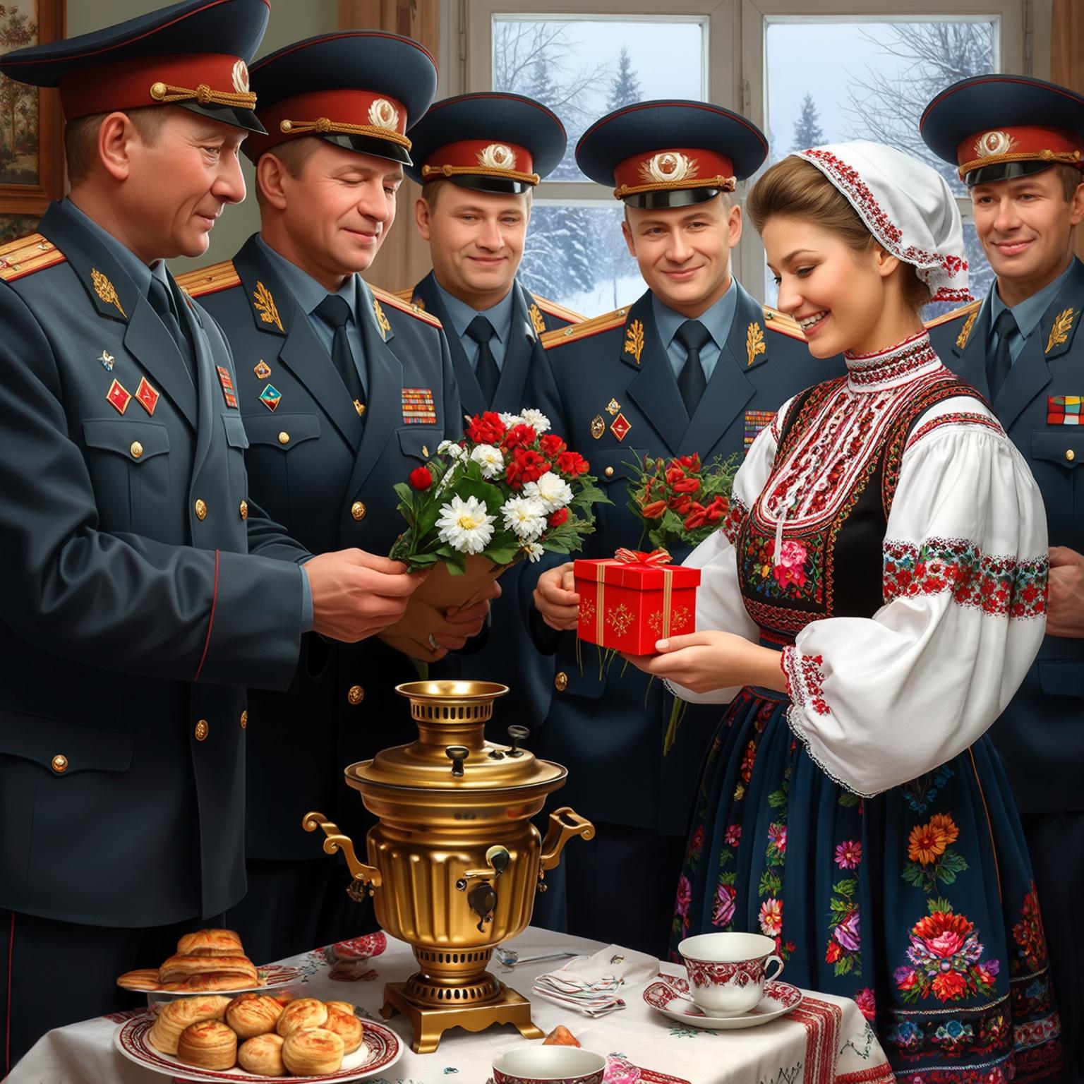AI Image Generated by Luma Photon: military men congratulate a woman on March 8th in Russian style