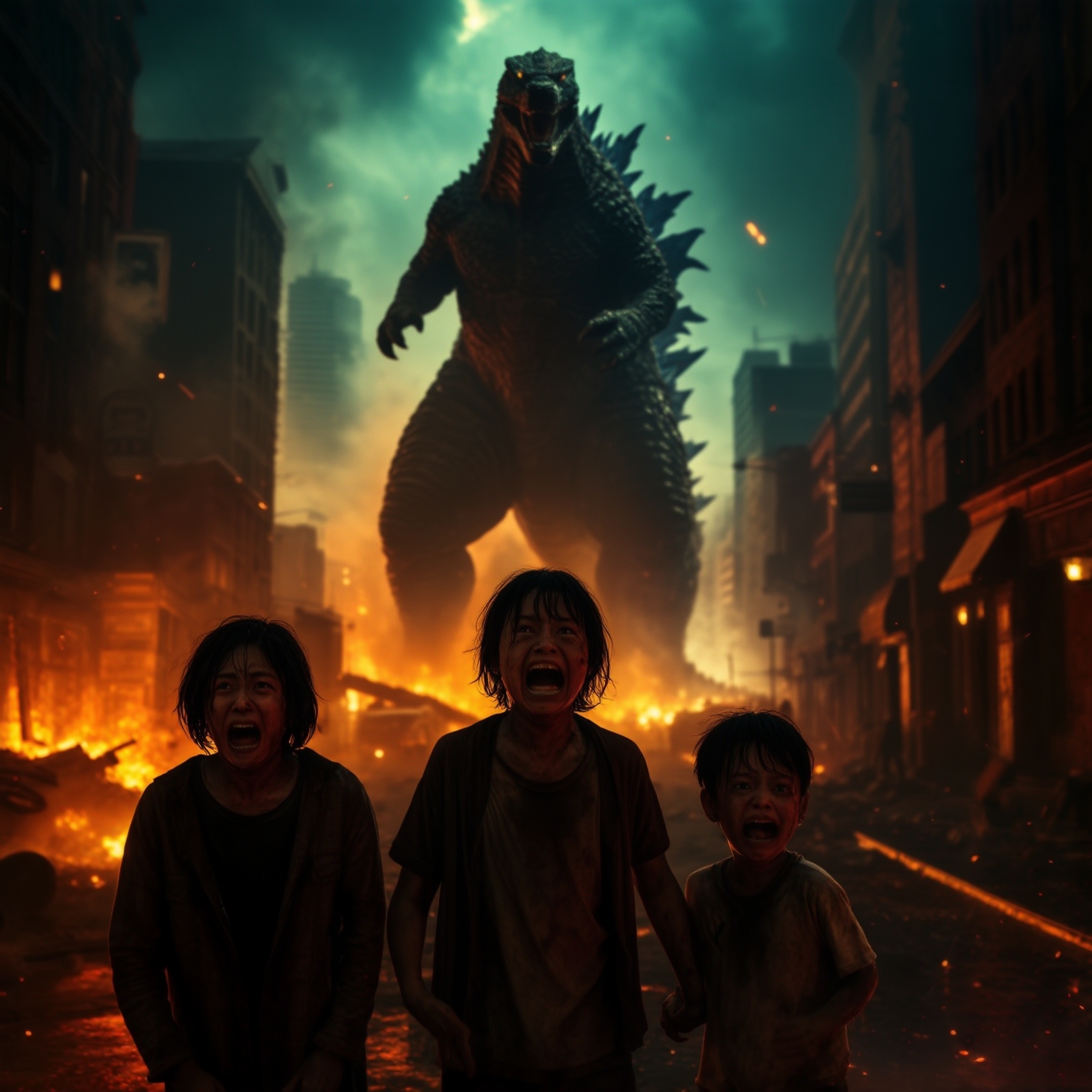 AI Image Generated by Luma Photon: Three frightened children standing in the foreground of a chaotic city street, crying and reaching out for help as Godzilla wreaks havoc in the background. The giant creature is smashing buildings, with flames, smoke, and debris filling the air. The children, dressed in tattered clothes, are illuminated by the flickering light of nearby fires, their faces showing fear and desperation amidst the destruction