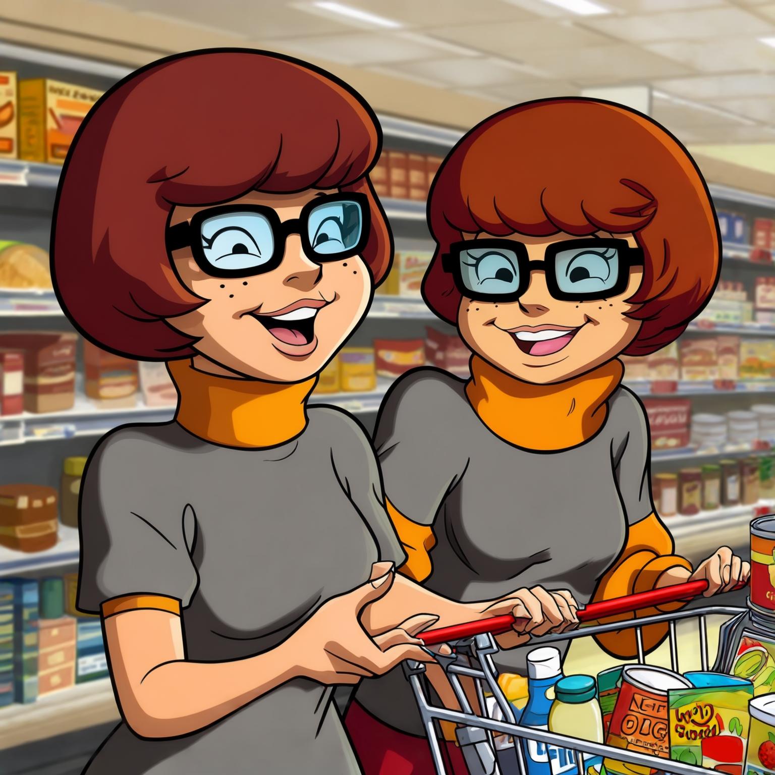 AI Image Generated by Luma Photon: lesbienne et velma dinkley habiller en t-shirt manche court gris et daphne blak habiller en t-shirt manche court gris et faire les courses ne plus rien avoir dans le frigo dans le magasin être heureuse de choisir se qu'elle veulent manger et les courses vue de près styles hanna barbara 
