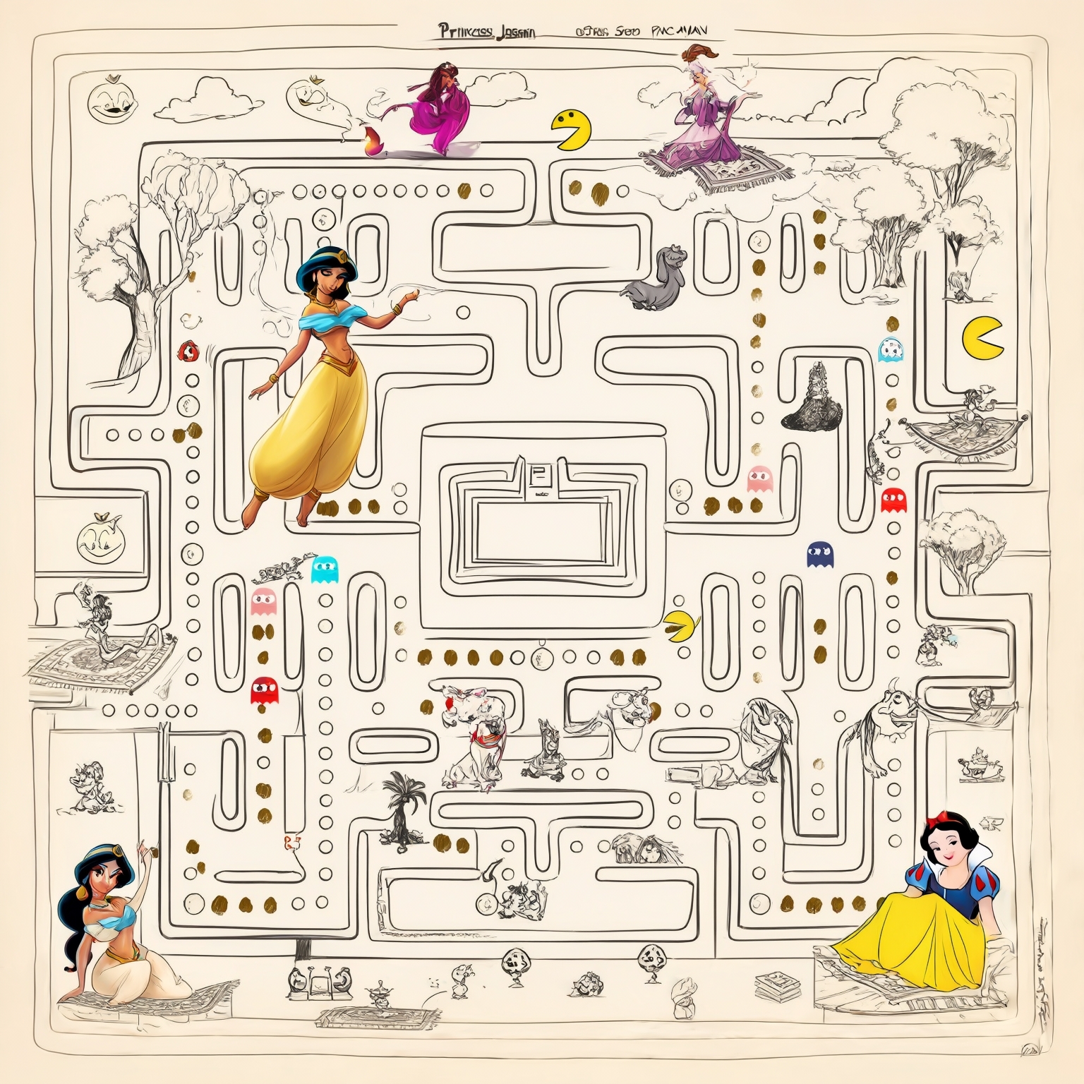AI Image Generated by Luma Photon: Two lesbians princess jasmine and princess snow white characters Pac Man drawing Disney 1937s that both