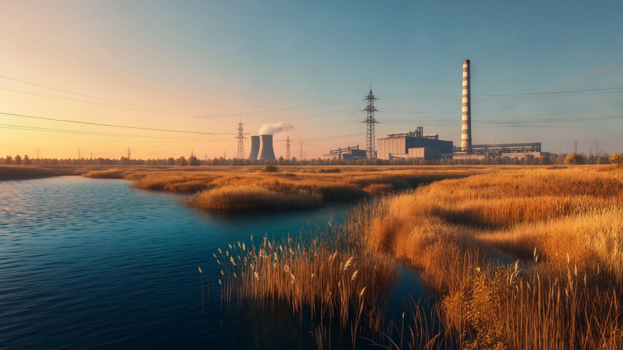 AI Image Generated by Luma Photon: Ultra-realistic wide-angle landscape at golden hour. Left half: a calm deep-blue lake with gentle ripples, bordered by irregular patches of ochre reeds. Right half: an endless steppe of tall sun-baked grasses in layered gold, wheat, and light sienna. On the distant horizon rises a detailed industrial complex: one tall striped smokestack, two concrete cooling towers releasing faint steam, several low metallic factory halls, and a row of steel lattice transmission towers stretching across. Warm sunset light bathes the scene, sky in smooth gradient from peach near the horizon to clear cerulean blue above, streaked with delicate wispy cirrus clouds. Photorealistic, high dynamic range, 8-K resolution, serene atmosphere, minimalistic foreground.