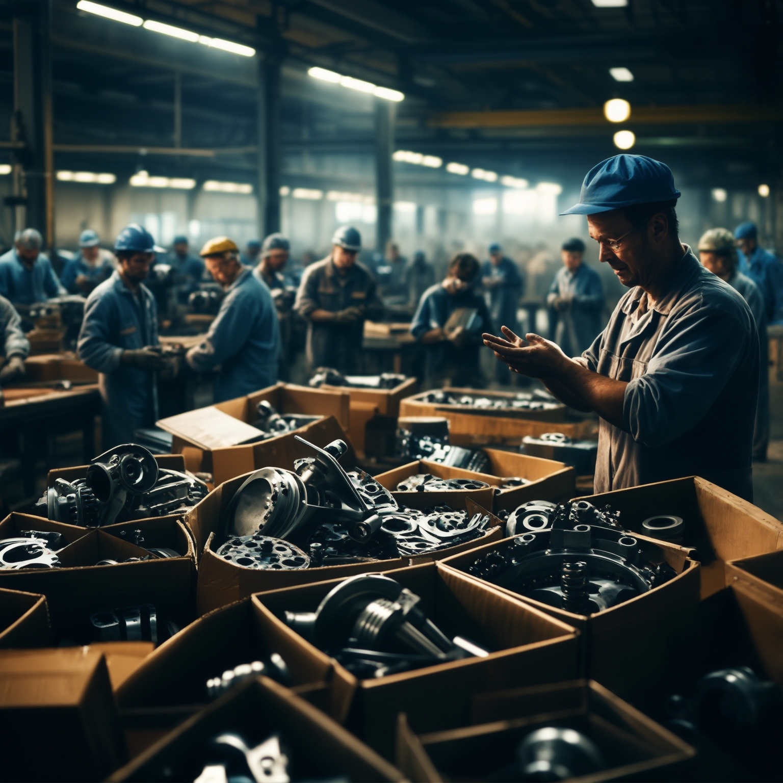 AI Image Generated by Luma Photon: workers with open boxes around them, assembling a complex machine while a foreman pores over assembly instructions and directs some of the workers (telling them what to do).  
