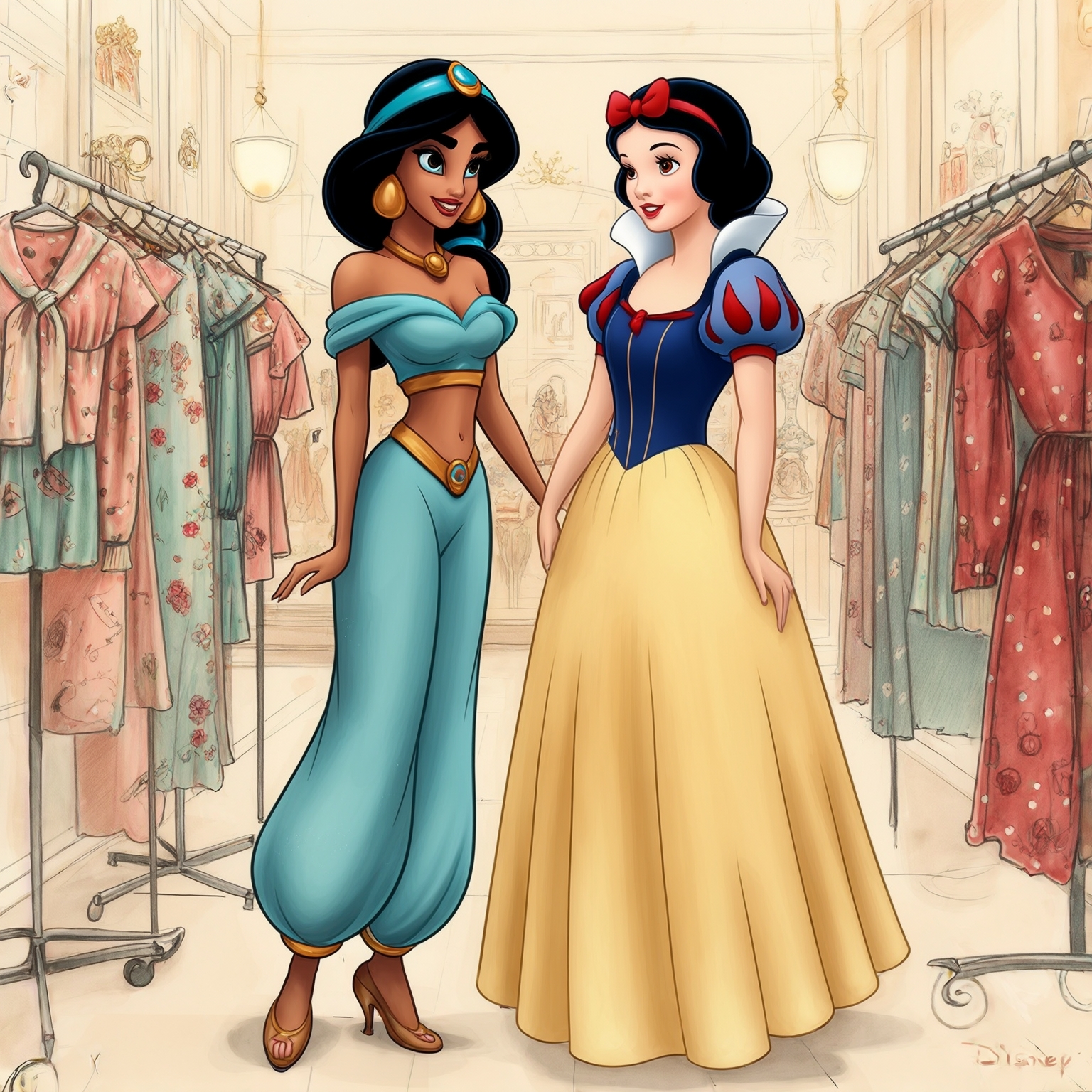 AI Image Generated by Luma Photon: Two lesbians princess jasmine clothes Daisy and princess snow white clothe Peach Nintendo and shopping clothe drawing Disney 1937s 