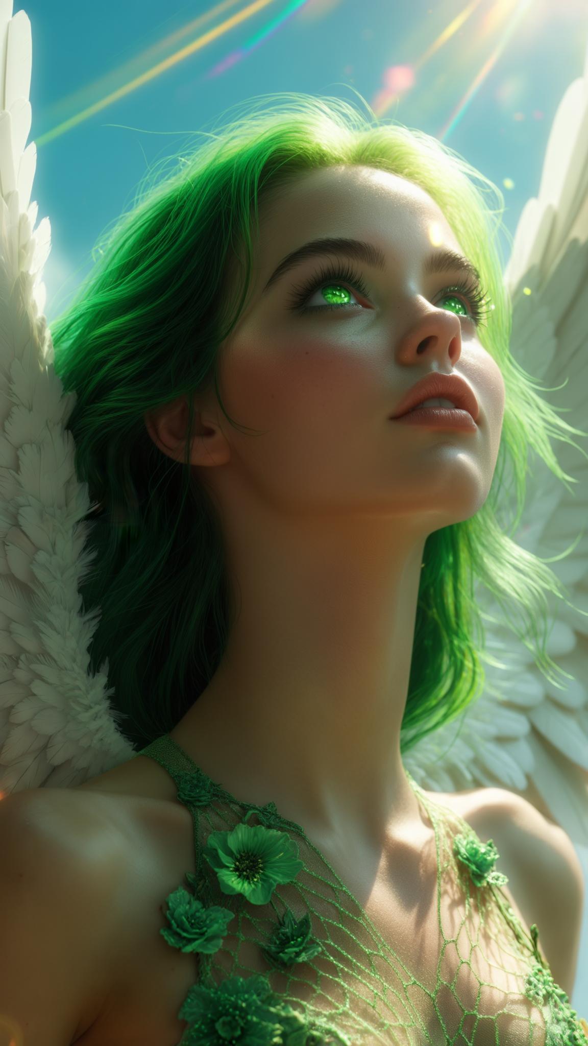 AI Image Generated by Luma Photon: A breathtaking close-up of a young woman with radiant white angel wings, her flawless skin glowing as she slowly tilts her head upward toward the sky. The golden mid-day sunlight cascades over her face, highlighting her delicate features with a warm, ethereal glow. Her deep green eyes shimmer with wonder, reflecting the endless sky above, framed by long, fluttering lashes. Her vibrant green hair catches the light, strands glistening as they sway gently in the breeze. Her intricate, netted floral outfit in emerald hues subtly reveals her smooth skin, accentuating her divine beauty. As she lifts her gaze, soft neon streaks of light flare through the lens, casting a dreamy 80s retro aura across the scene. The hyper-realistic 8K rendering captures every exquisite detail—the texture of her lips, the delicate movement of her hair, and the intricate feathers of her glowing wings. A cinematic slow-motion effect enhances the moment, making it feel like a heavenly vision, as if time itself slows to admire her beauty. The scene is mesmerizing, surreal, and deeply emotive, evoking the presence of an angel lost in a dream.